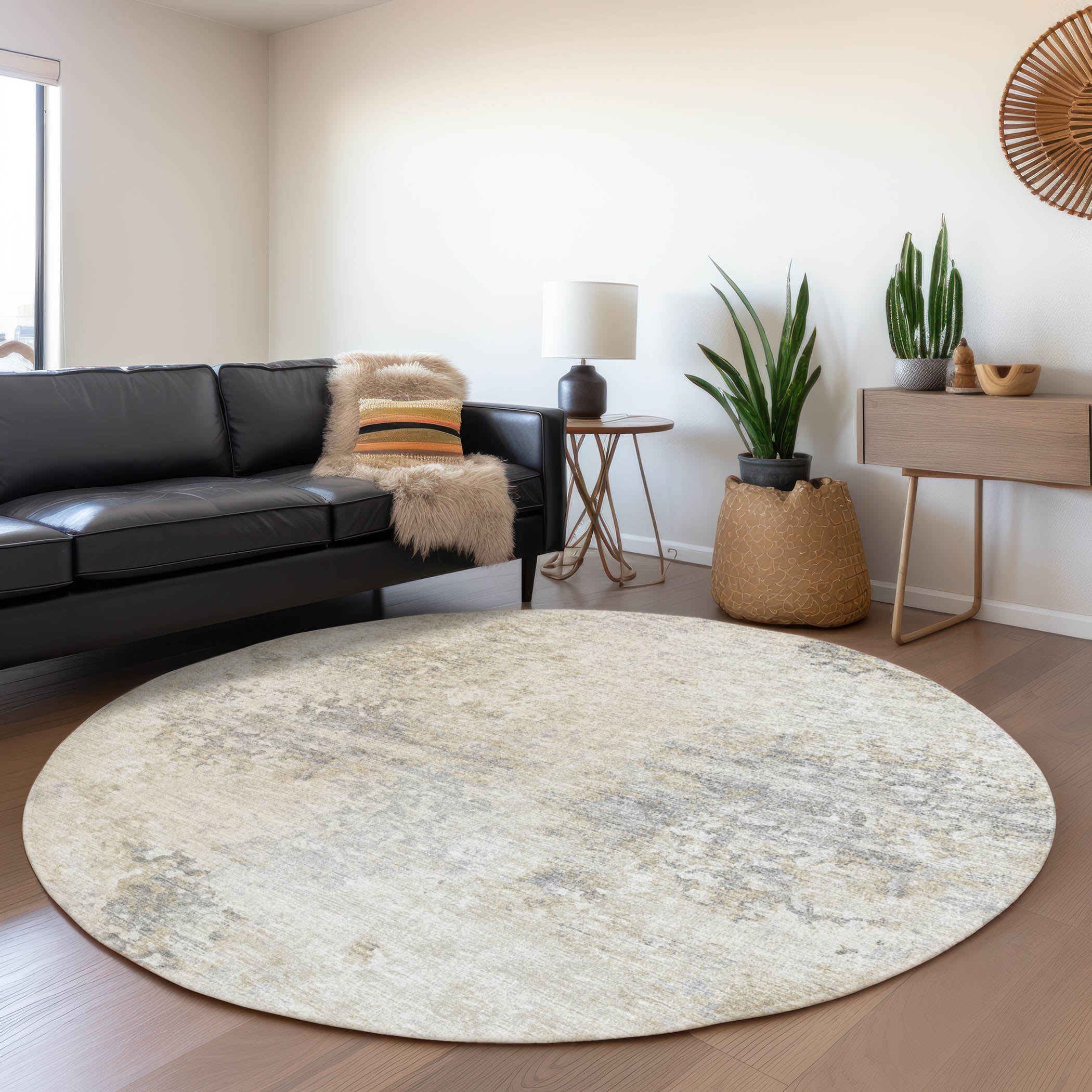 Mdina Machine Washable Transitional Ivory Rug 8' x 8' #shape_Round