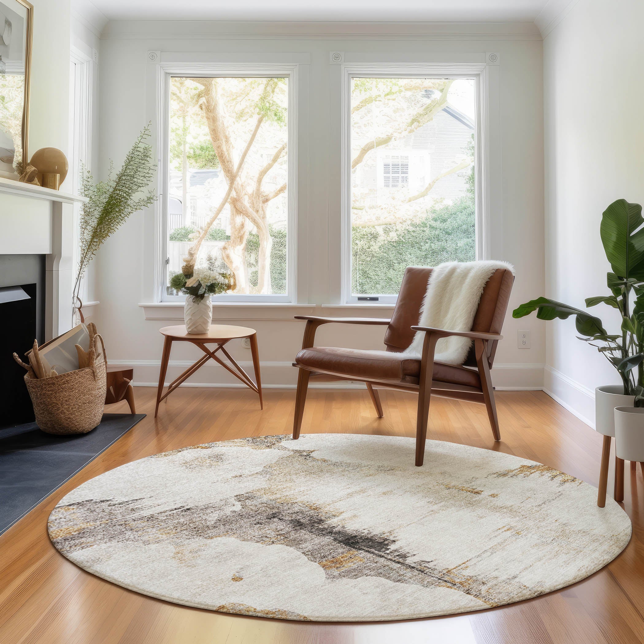 Sintra Machine Washable Transitional Beige Brown Rug 8' x 8' #shape_Round