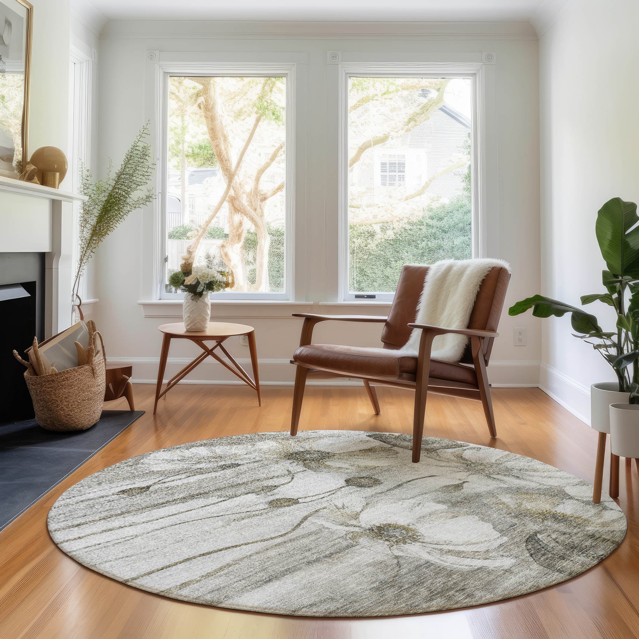 Split Machine Washable Transitional Taupe Brown Rug 8' x 8' #shape_Round