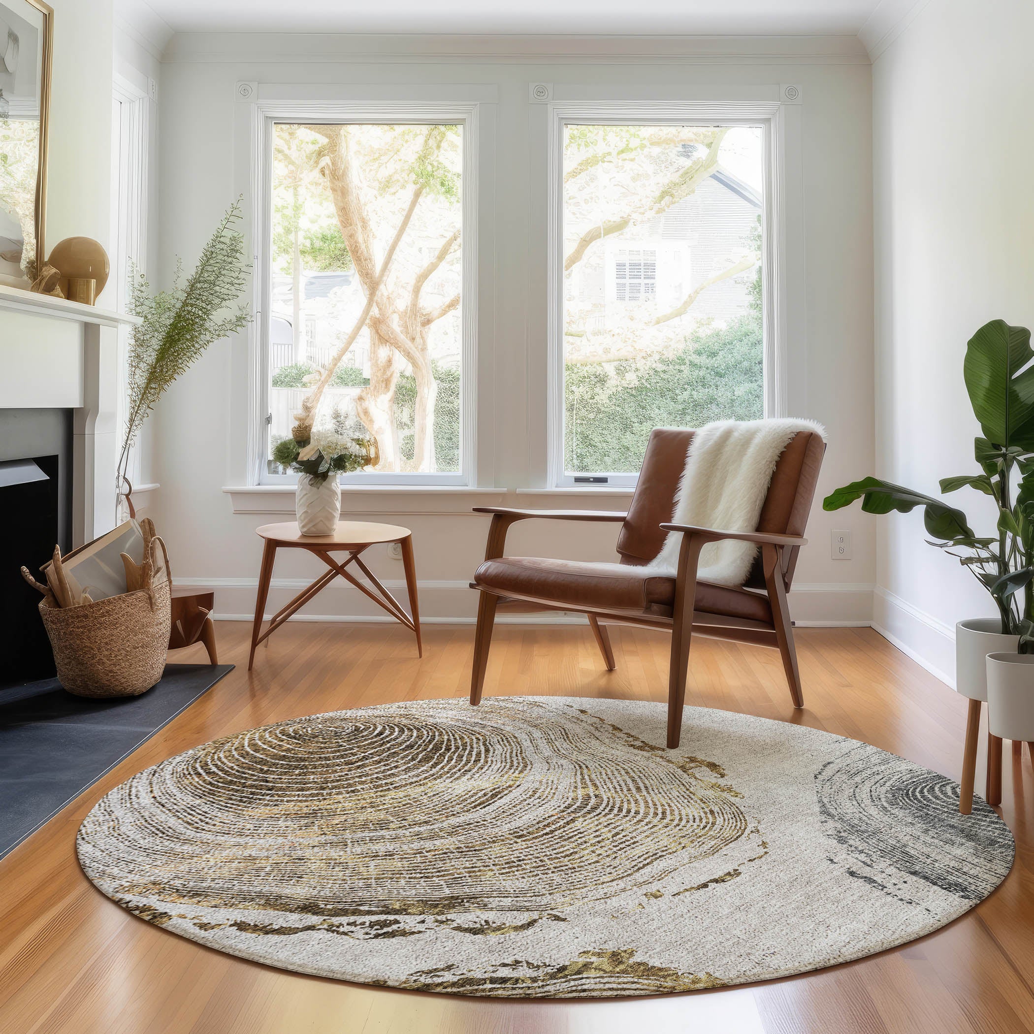 Seville Machine Washable Transitional Taupe Brown Rug 8' x 8' #shape_Round