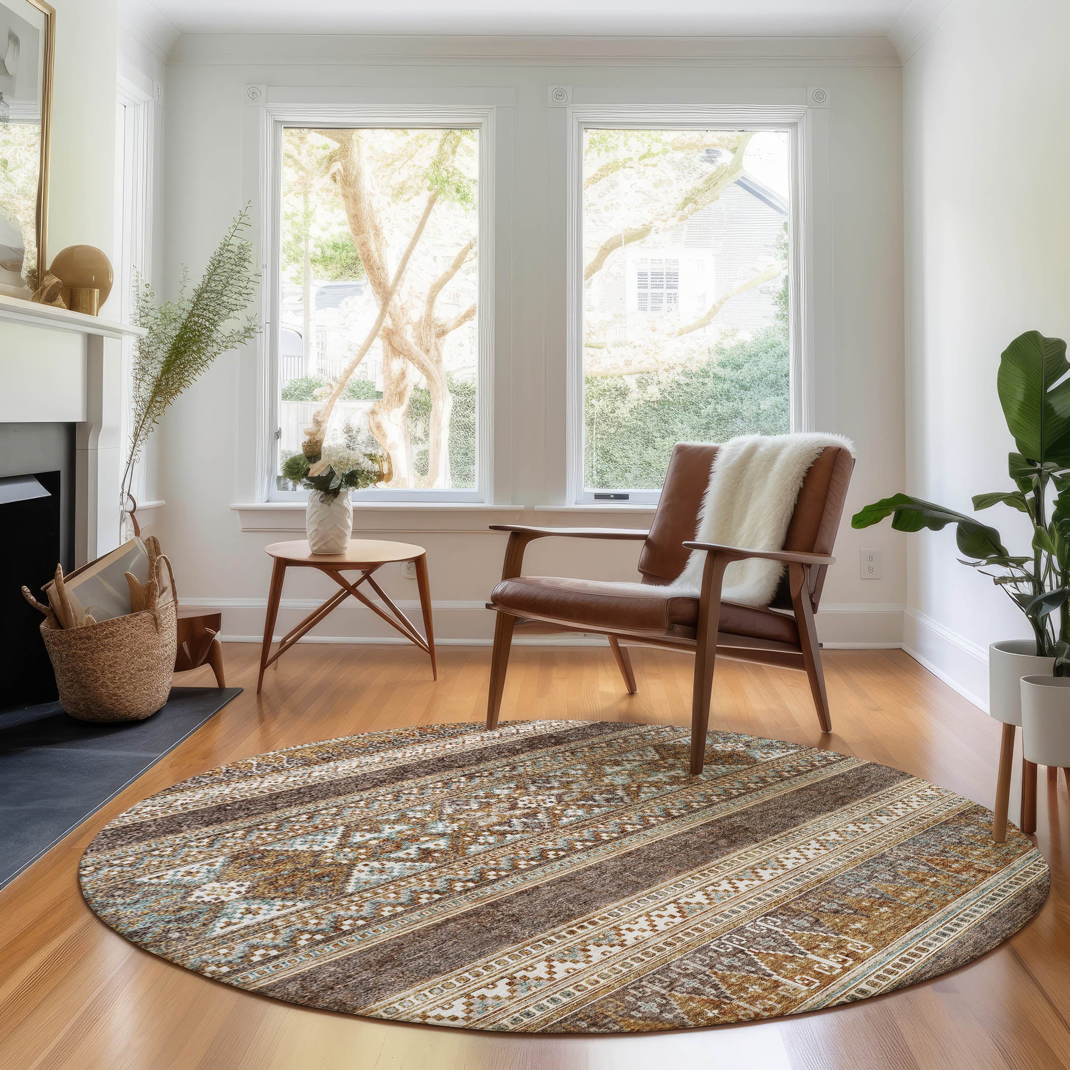 Cartagena Machine Washable Transitional Chocolate Brown Rug 8' x 8' #shape_Round