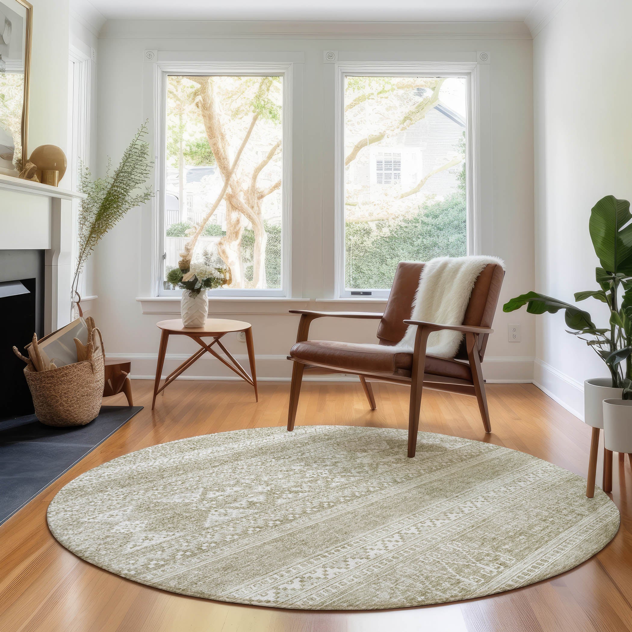Cartagena Machine Washable Transitional Khaki Brown Rug 8' x 8' #shape_Round