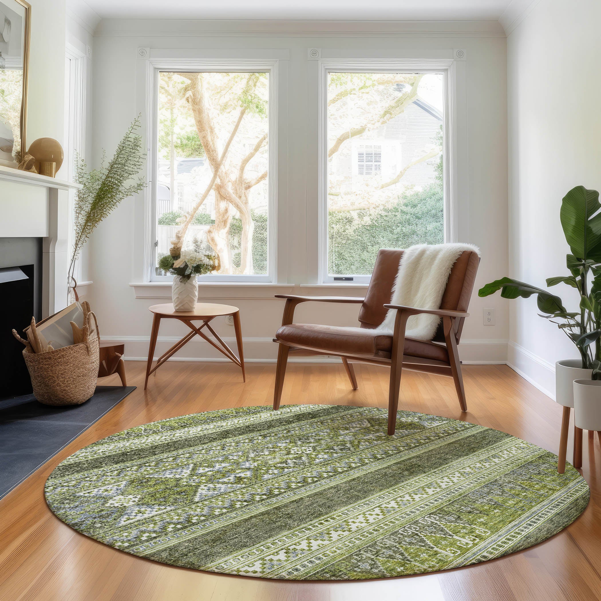 Cartagena Machine Washable Transitional Olive Green Rug 8' x 8' #shape_Round