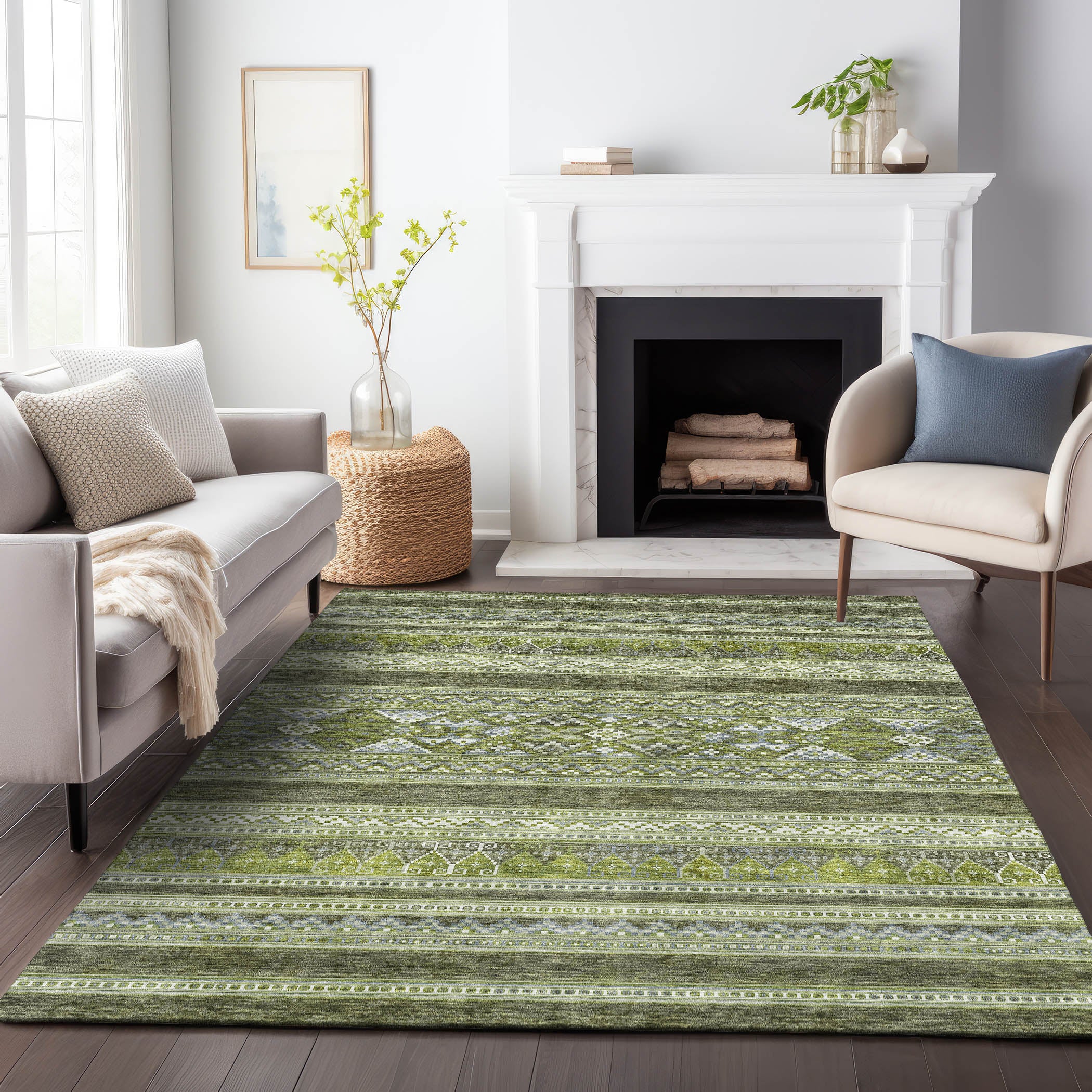 Cartagena Machine Washable Transitional Olive Green Rug 2'6" x 3'10" #shape_Rectangle