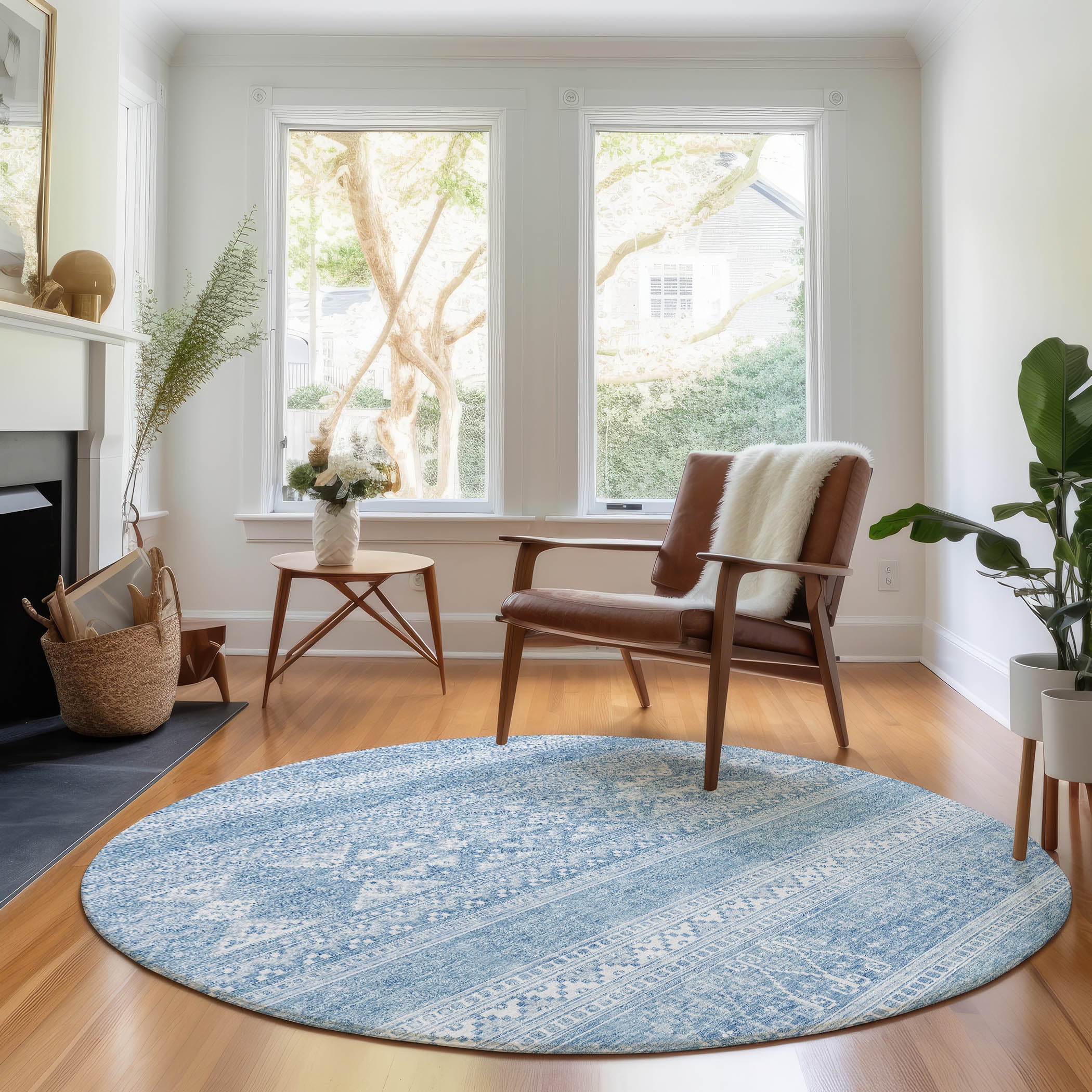 Cartagena Machine Washable Transitional Sky Blue Rug 8' x 8' #shape_Round