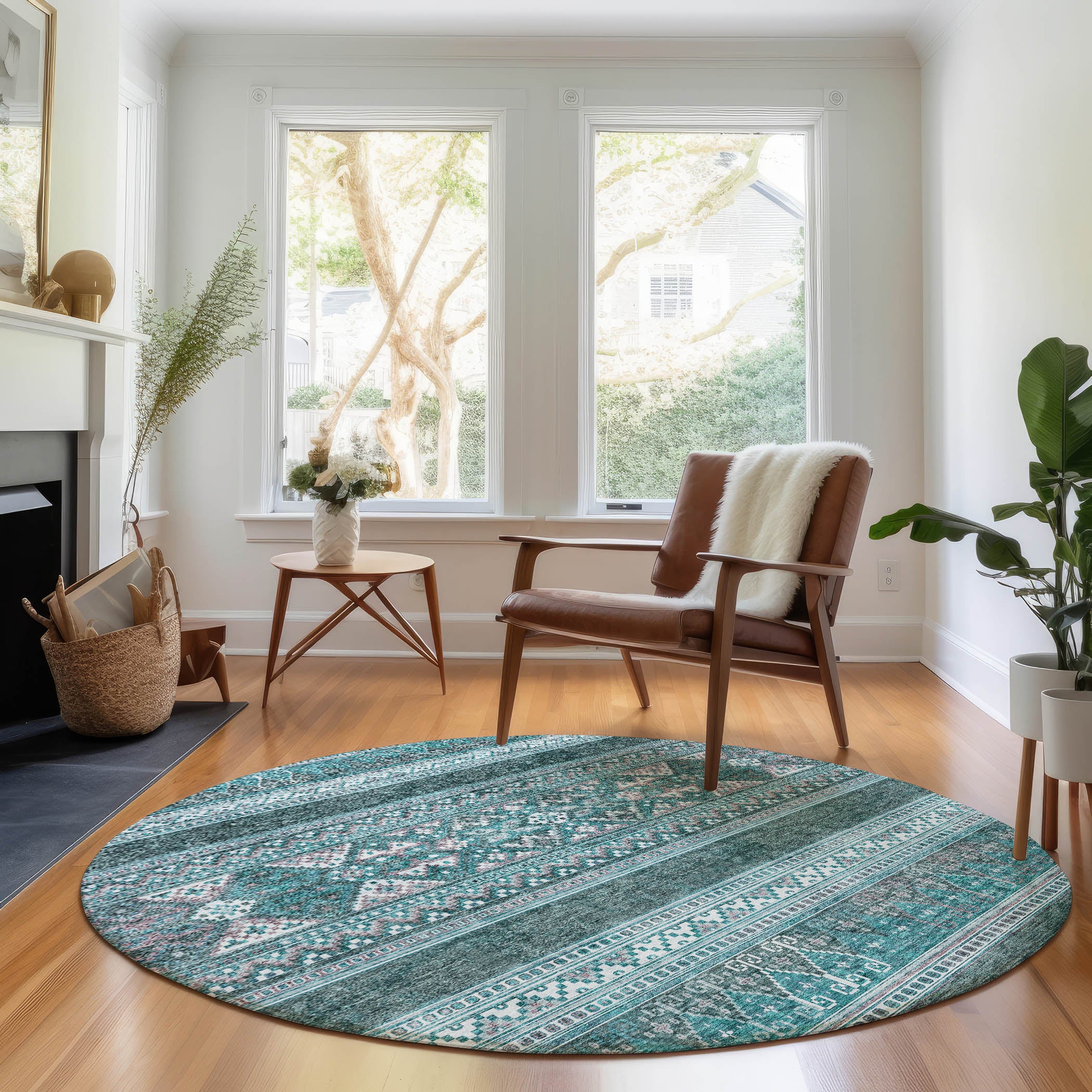 Cartagena Machine Washable Transitional Teal Rug 8' x 8' #shape_Round