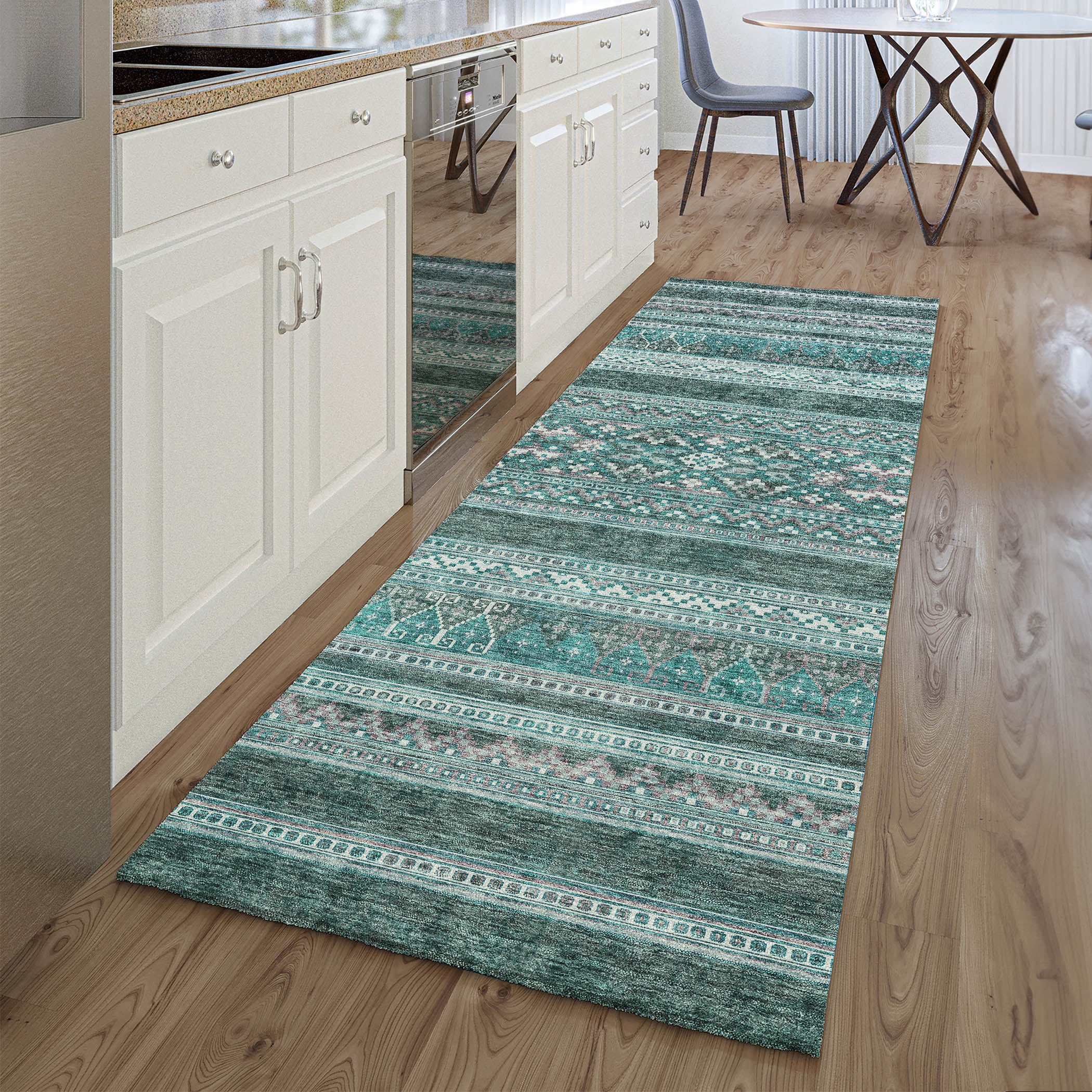 Cartagena Machine Washable Transitional Teal Rug 2'3" x 7'6" #shape_Runner