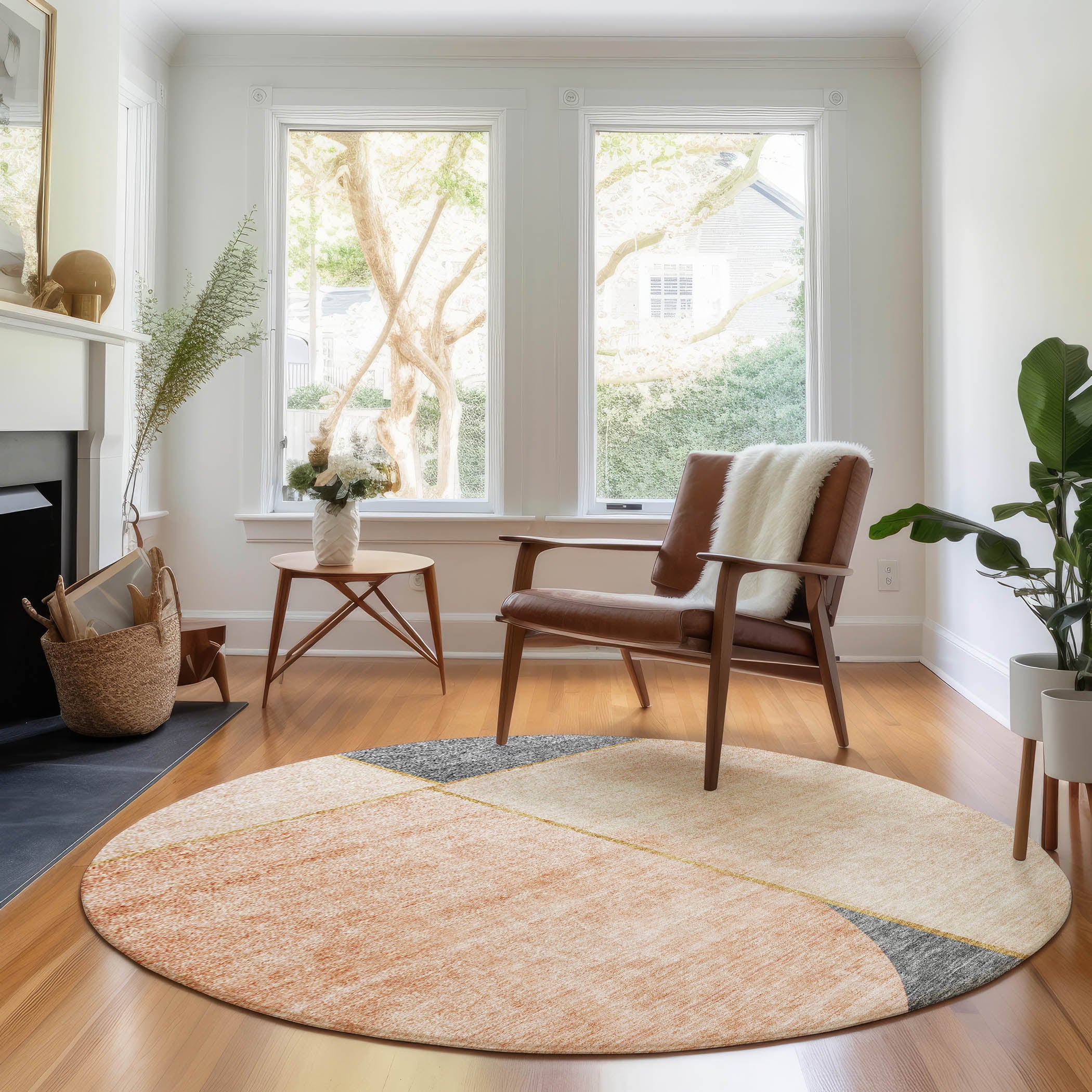 Lucerne Machine Washable Transitional Coral Orange Rug 8' x 8' #shape_Round