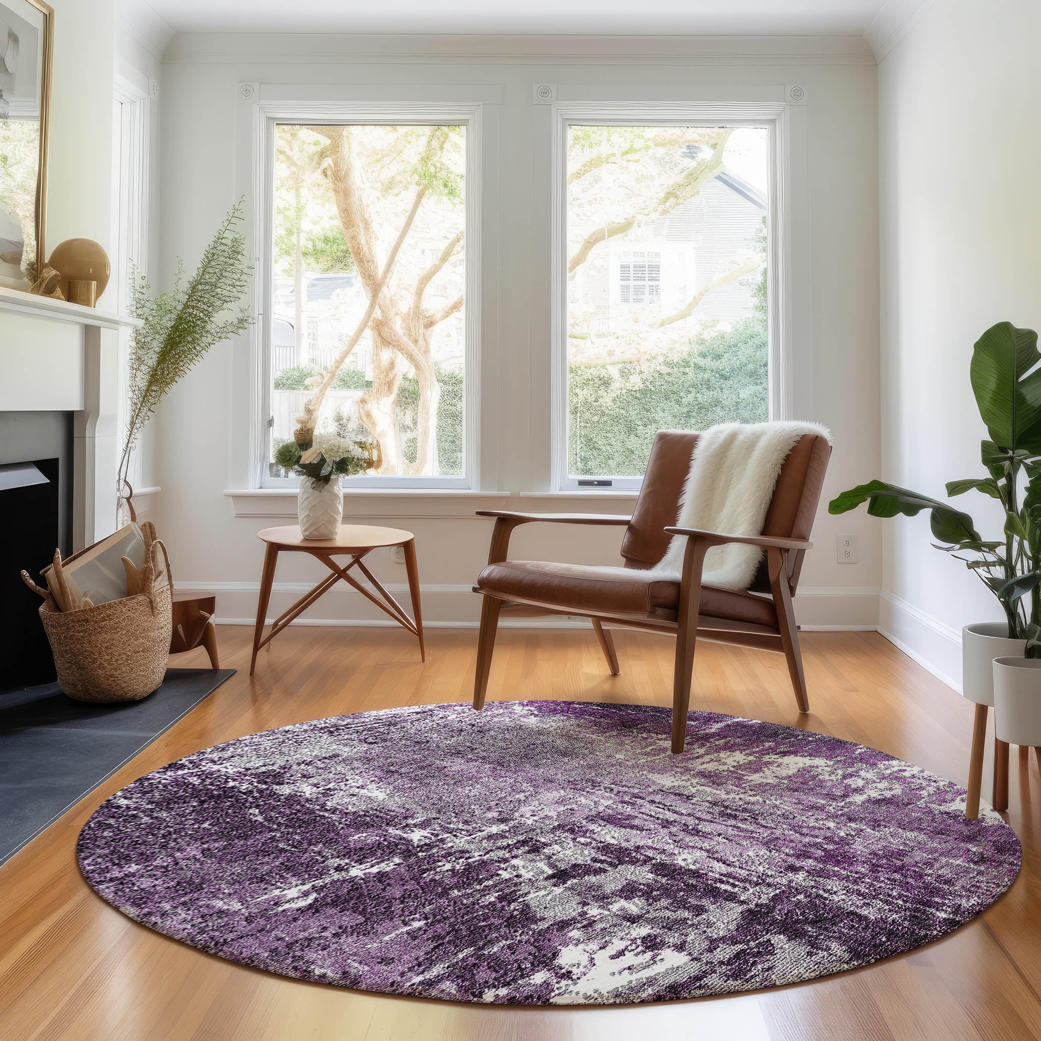 Queenstown Machine Washable Transitional Eggplant Purple Rug 8' x 8' #shape_Round