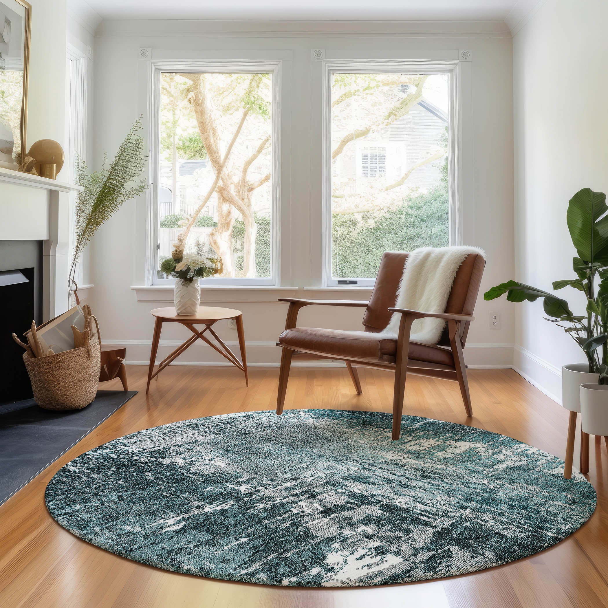 Queenstown Machine Washable Transitional Teal Rug 8' x 8' #shape_Round