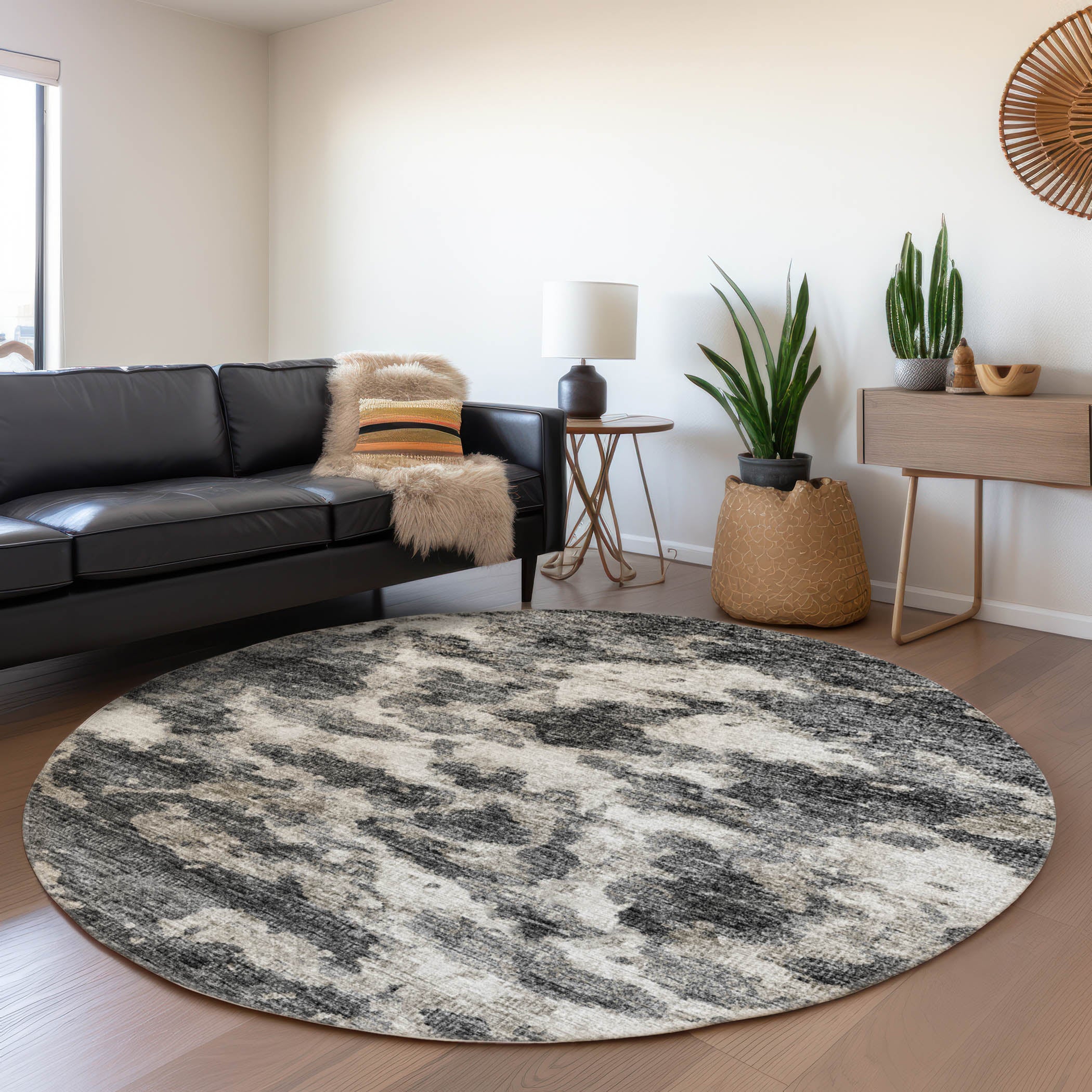 Florence Machine Washable Transitional Black Rug 8' x 8' #shape_Round