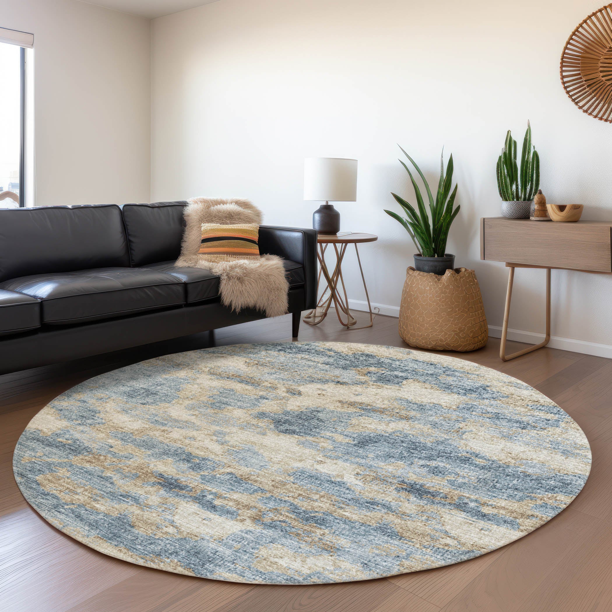 Florence Machine Washable Transitional Blue Rug 8' x 8' #shape_Round