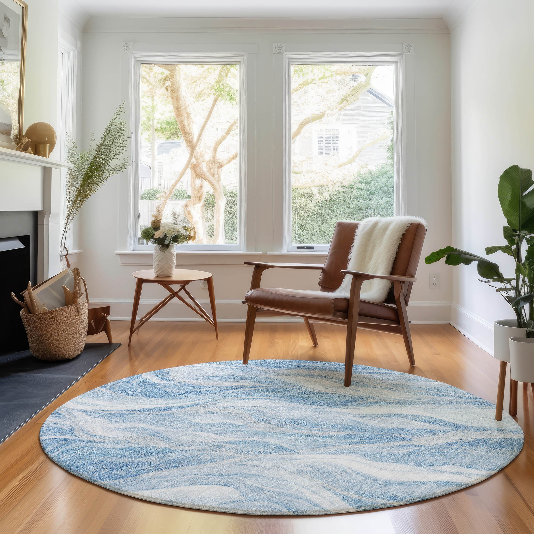 Dublin Machine Washable Transitional Blue Rug 8' x 8' #shape_Round