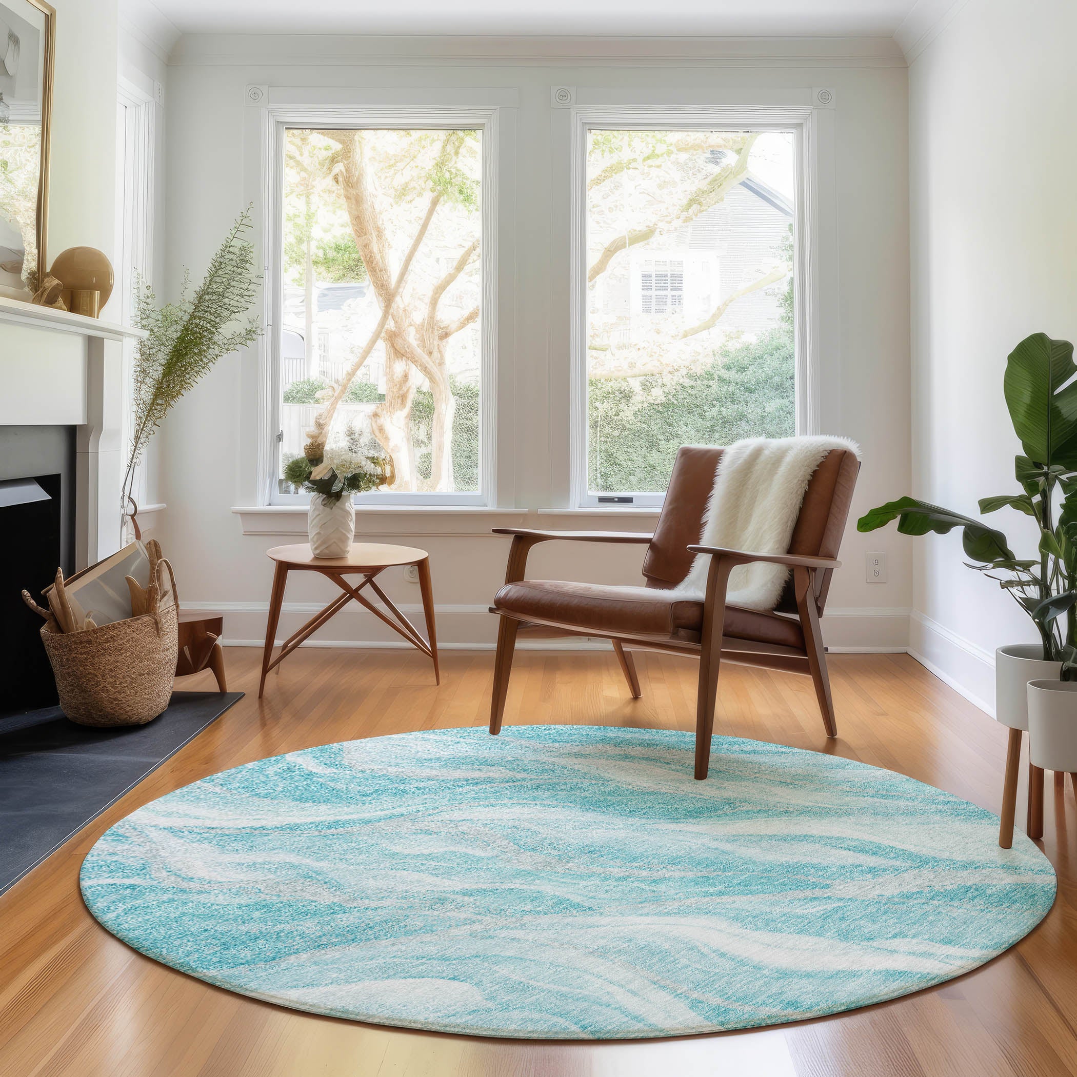 Dublin Machine Washable Transitional Teal Rug 8' x 8' #shape_Round