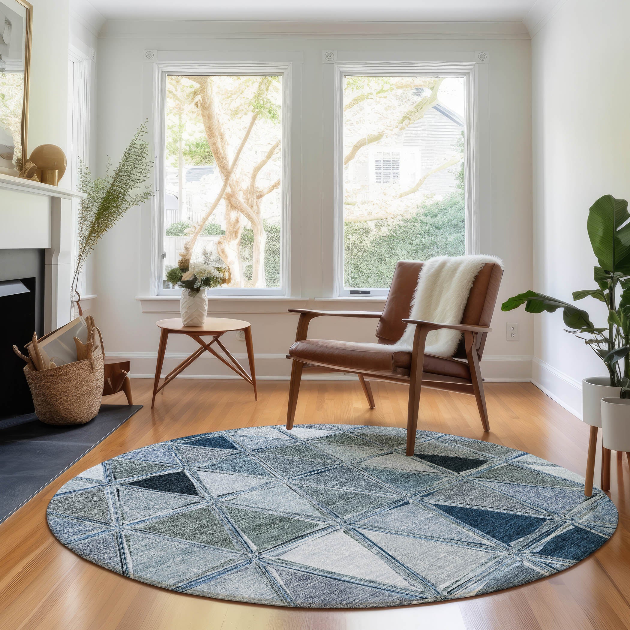 Lucerne Machine Washable Transitional Blue Rug 8' x 8' #shape_Round