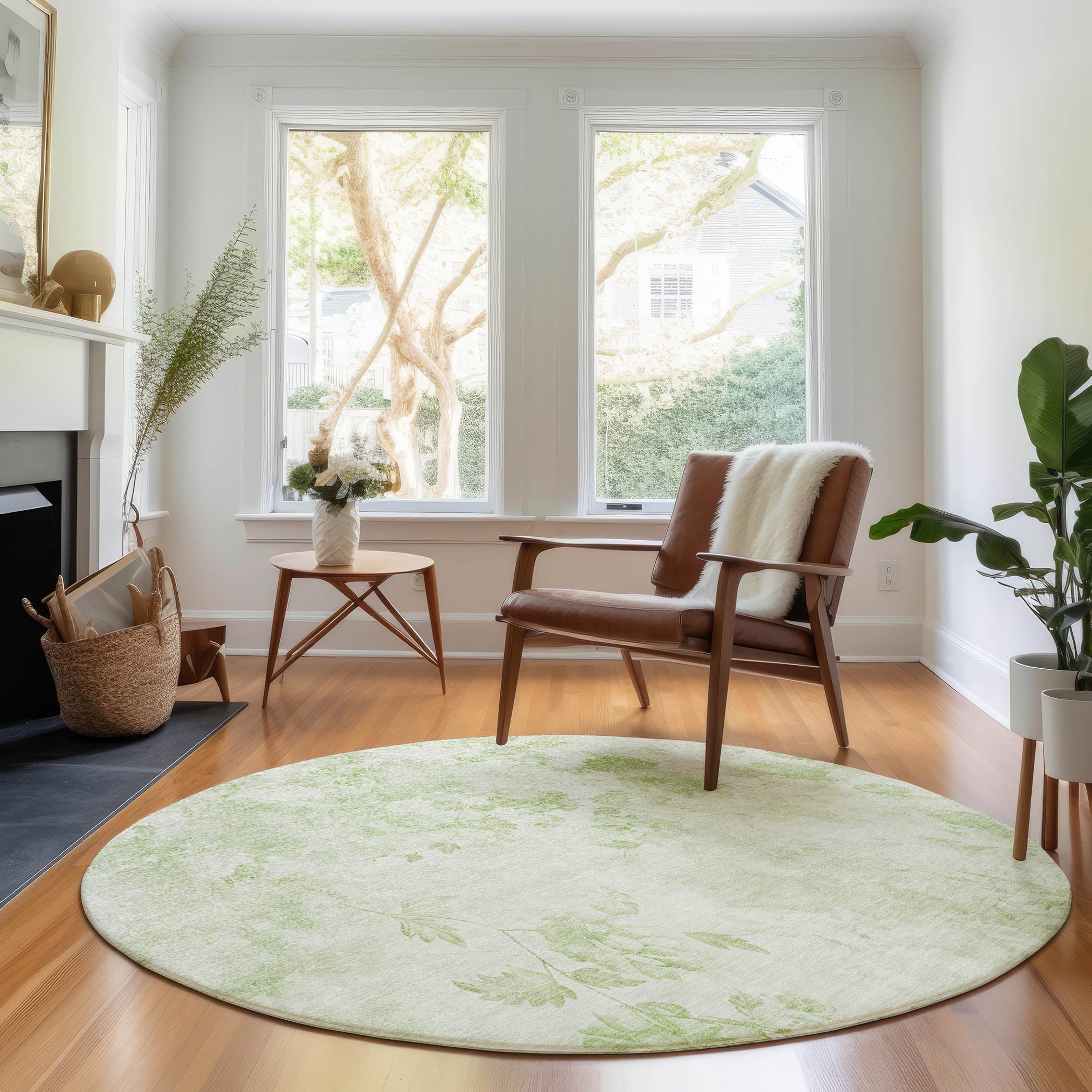 Chiang Mai Machine Washable Transitional Aloe Green Rug 8' x 8' #shape_Round