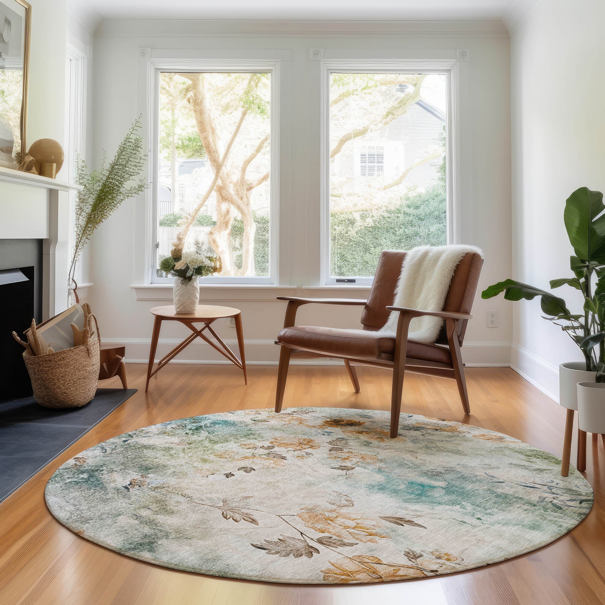 Chiang Mai Machine Washable Transitional Teal Rug 8' x 8' #shape_Round
