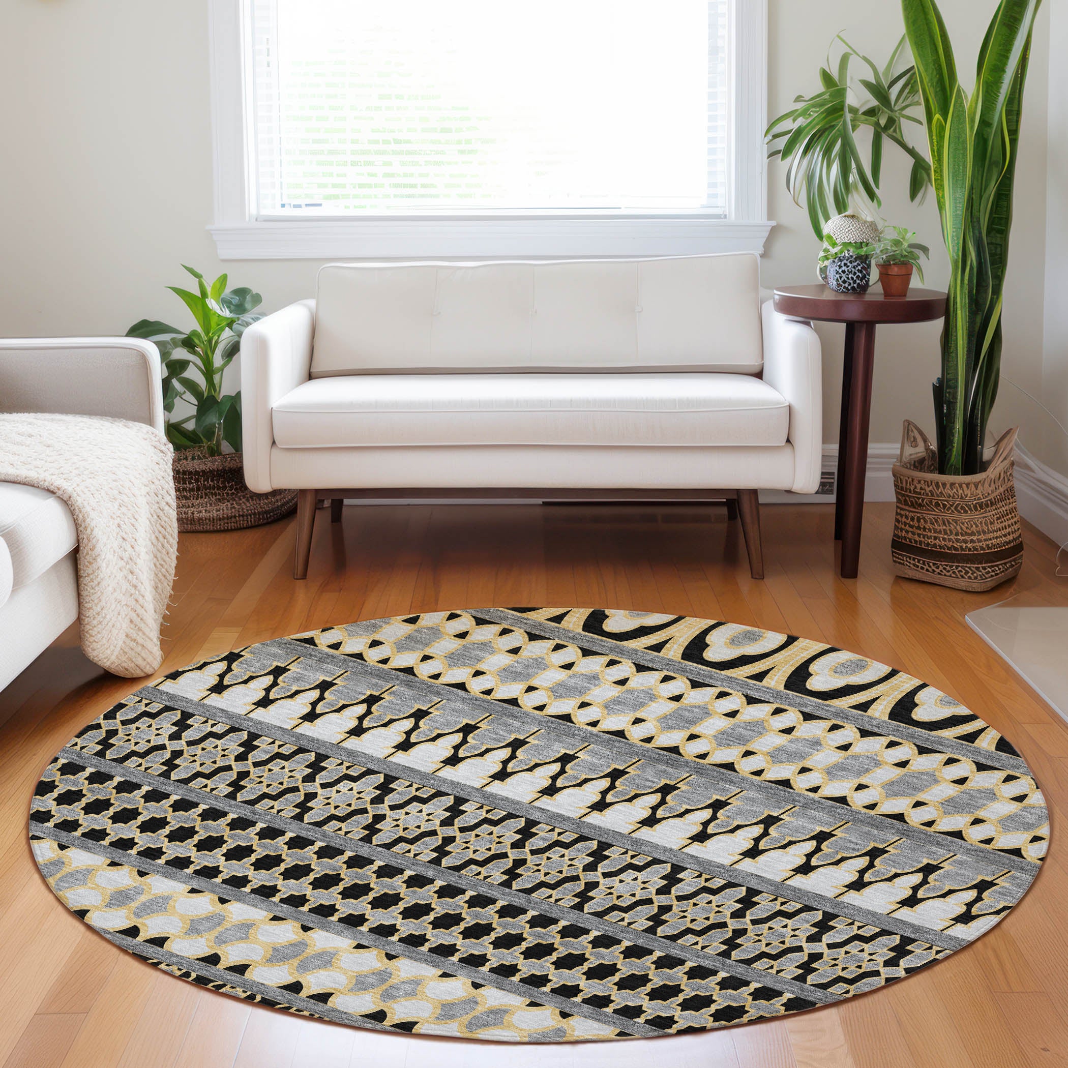 Sarajevo Machine Washable Transitional Charcoal Gray Rug 8' x 8' #shape_Round