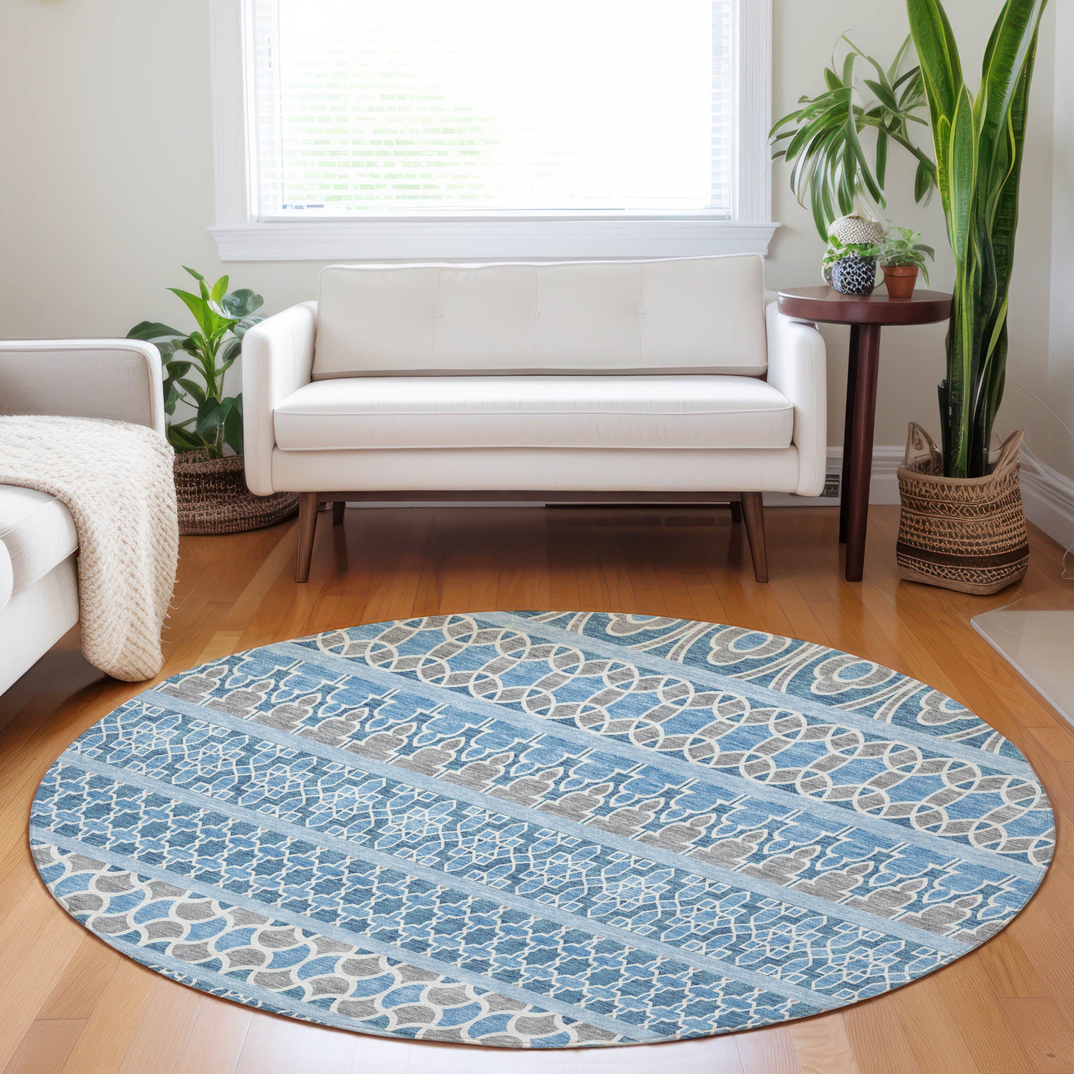 Sarajevo Machine Washable Transitional Sky Blue Rug 8' x 8' #shape_Round