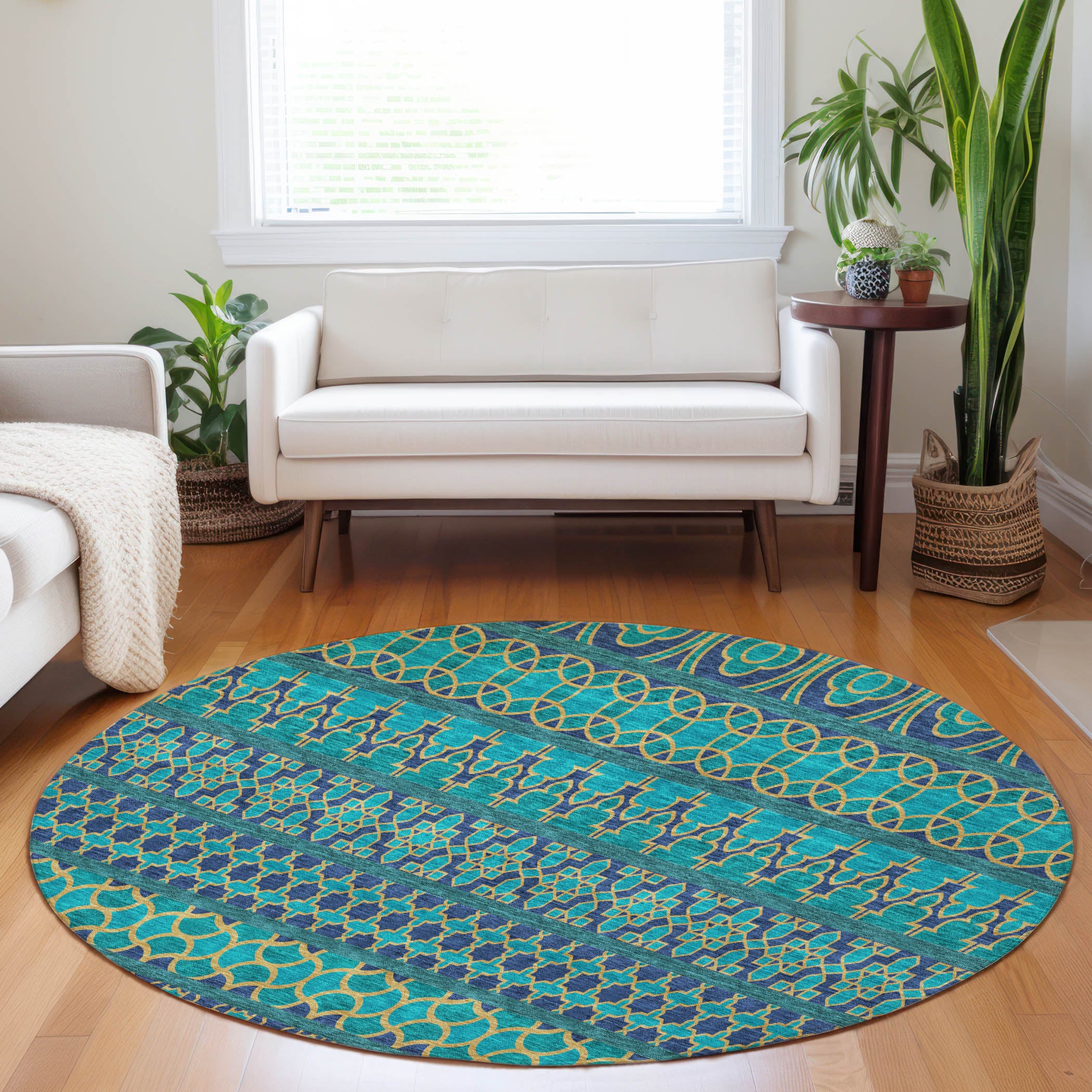 Sarajevo Machine Washable Transitional Teal Rug 8' x 8' #shape_Round