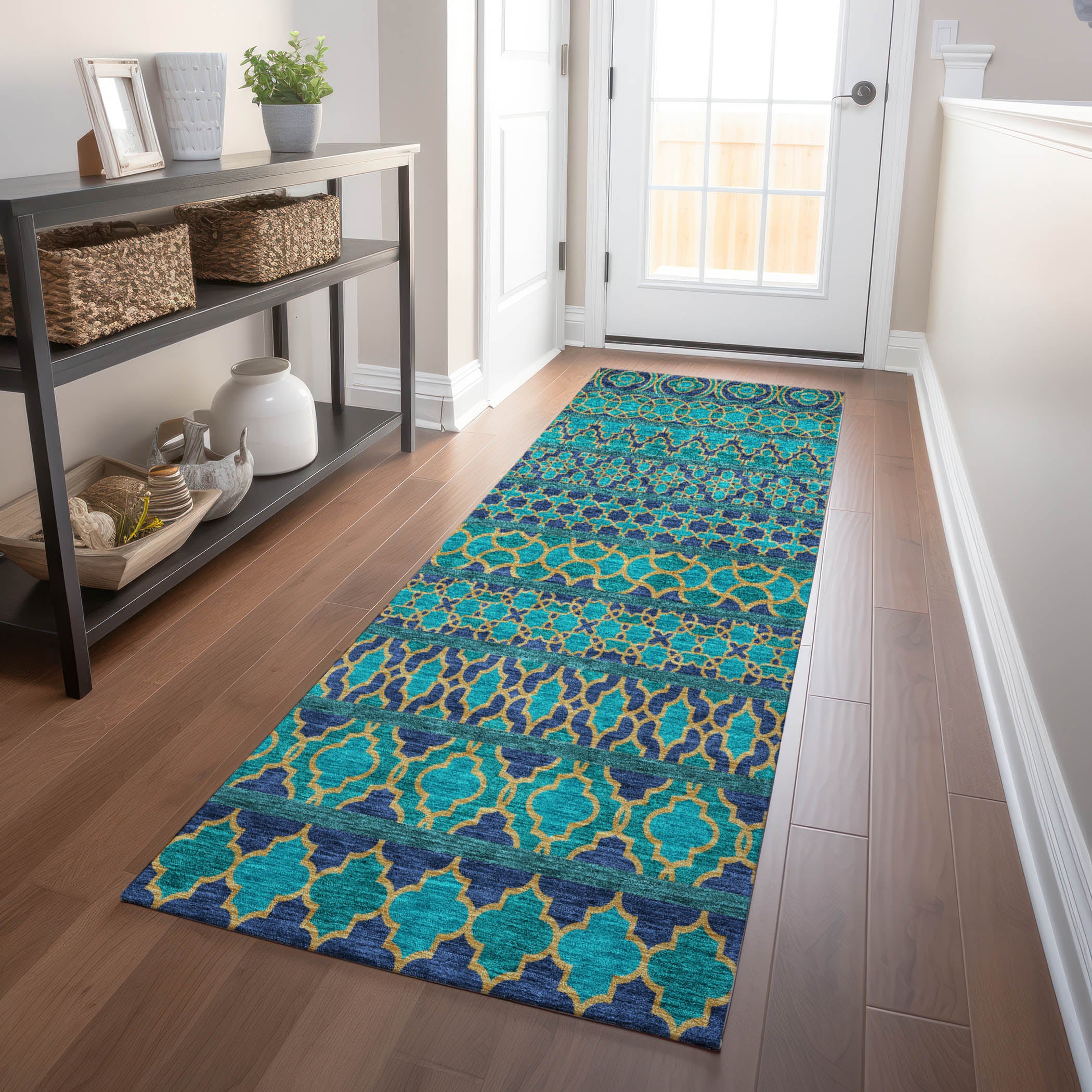 Sarajevo Machine Washable Transitional Teal Rug 2'3" x 7'6" #shape_Runner