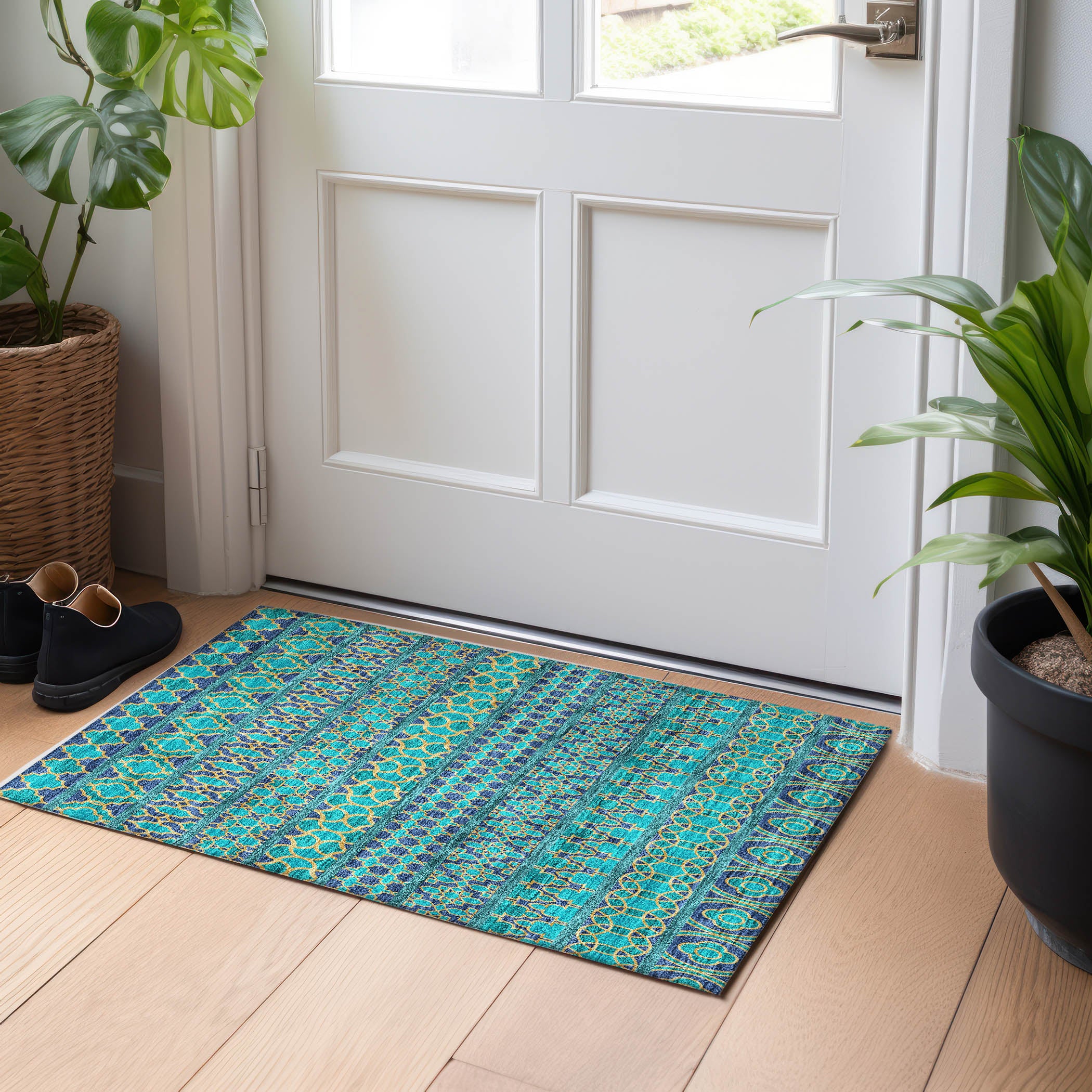 Sarajevo Machine Washable Transitional Teal Rug 1'8" x 2'6" #shape_Rectangle