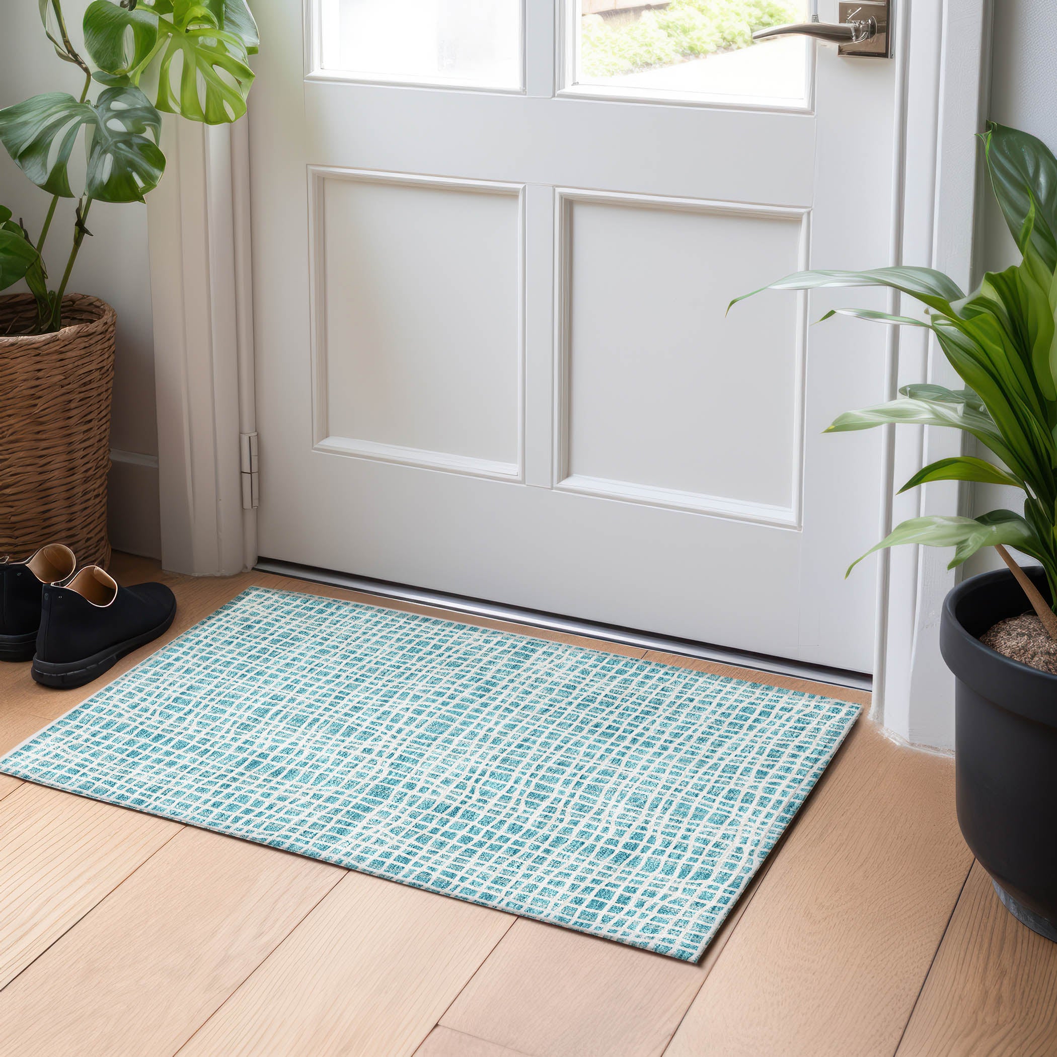 Mostar Machine Washable Transitional Teal Rug 1'8" x 2'6" #shape_Rectangle