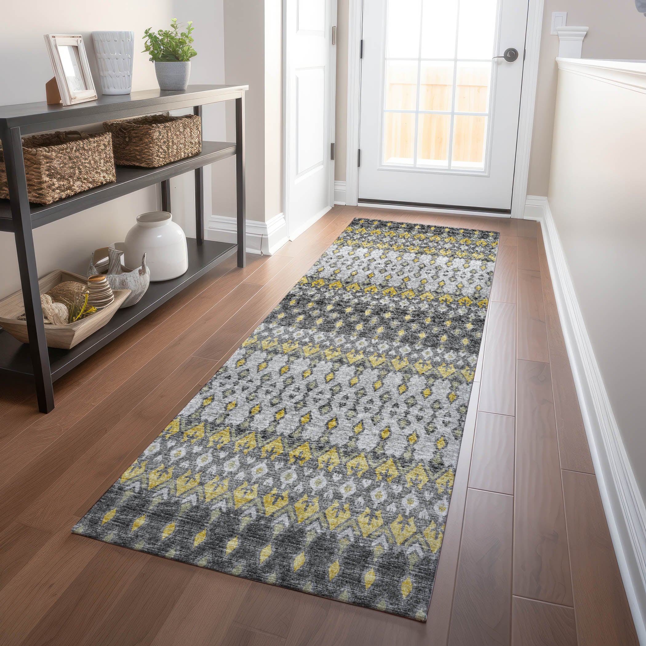 Salzburg Machine Washable Transitional Gray Yellow Rug 2'3" x 7'6" #shape_Runner