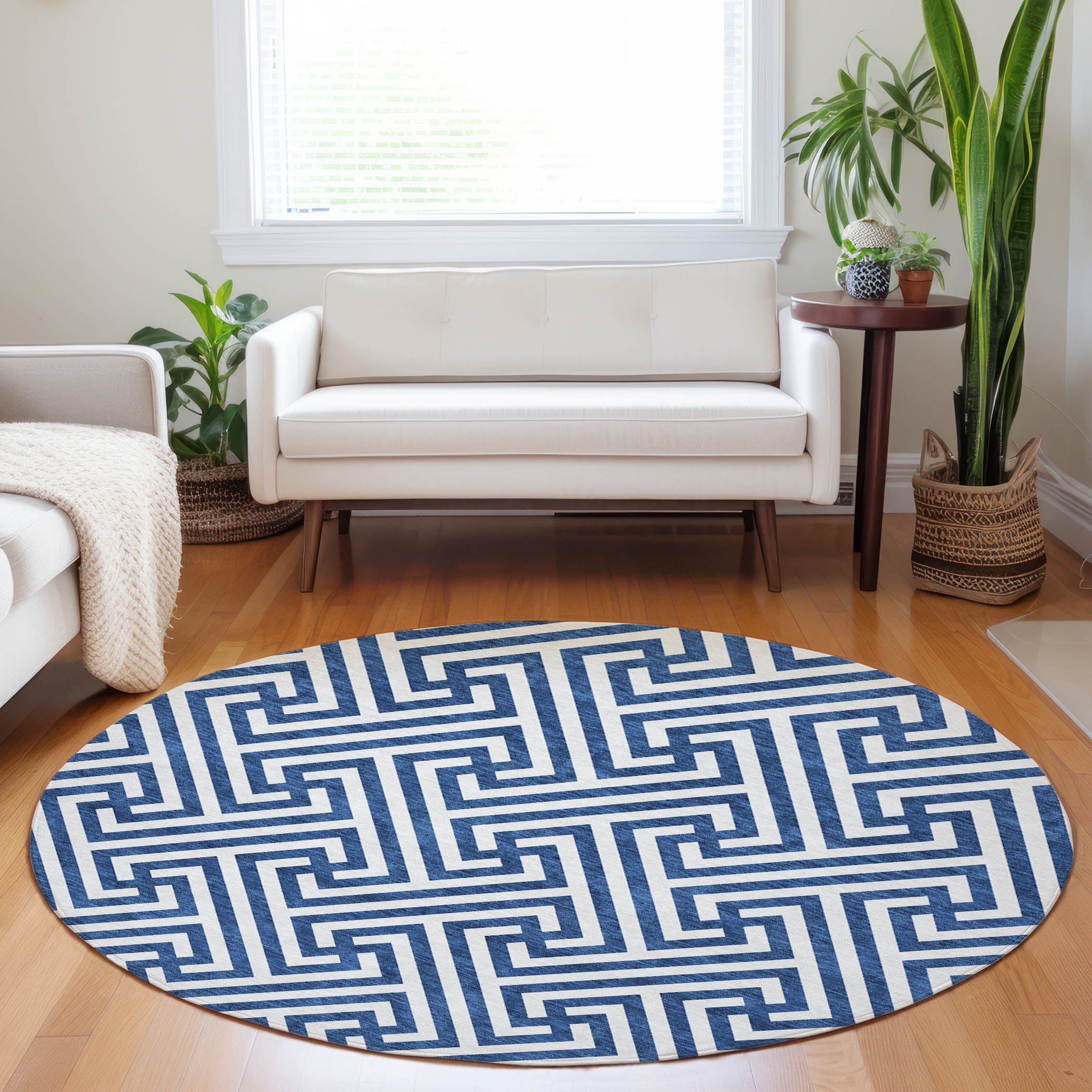 Chiang Mai Machine Washable Transitional Blue Rug 8' x 8' #shape_Round