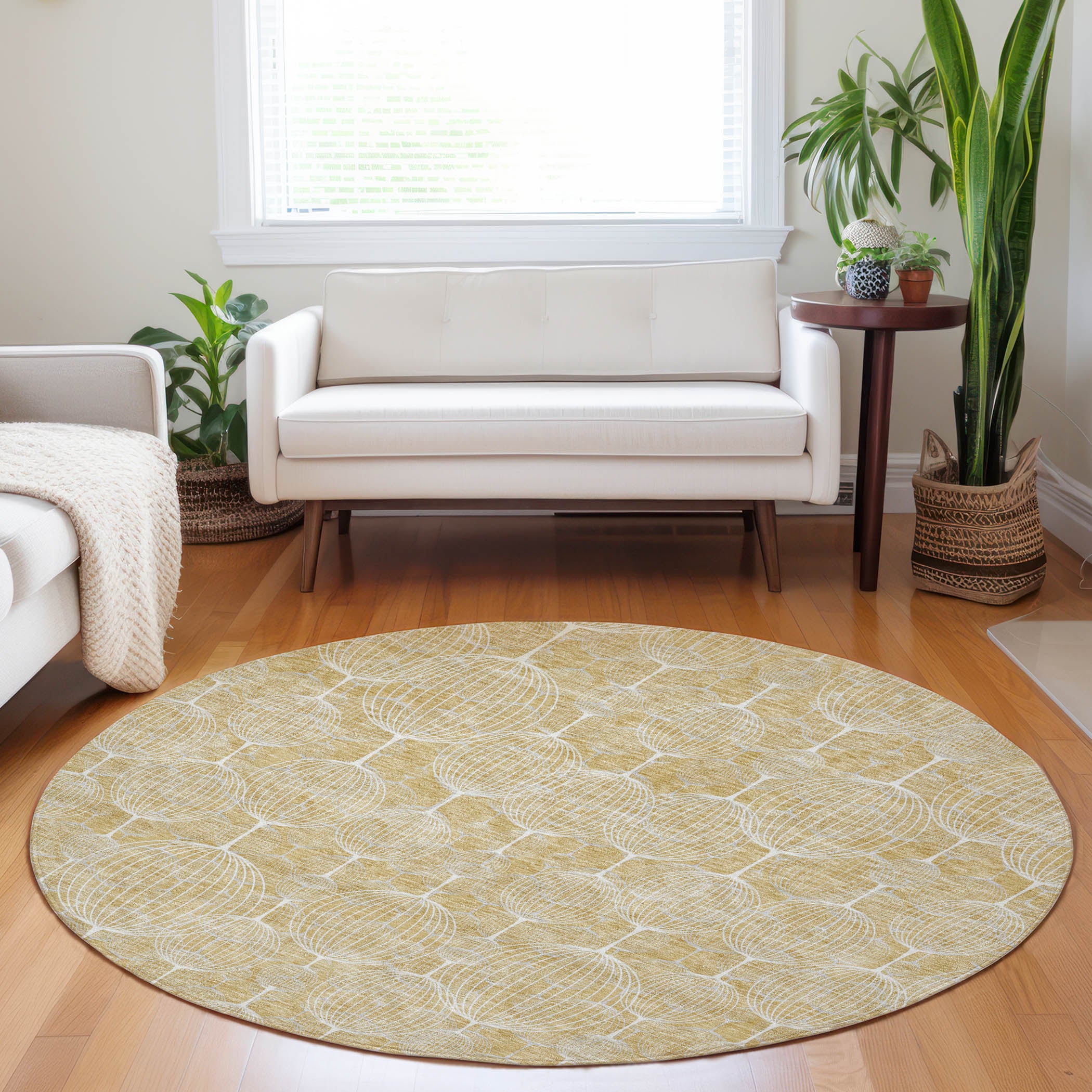 Dublin Machine Washable Transitional Gold Rug 8' x 8' #shape_Round