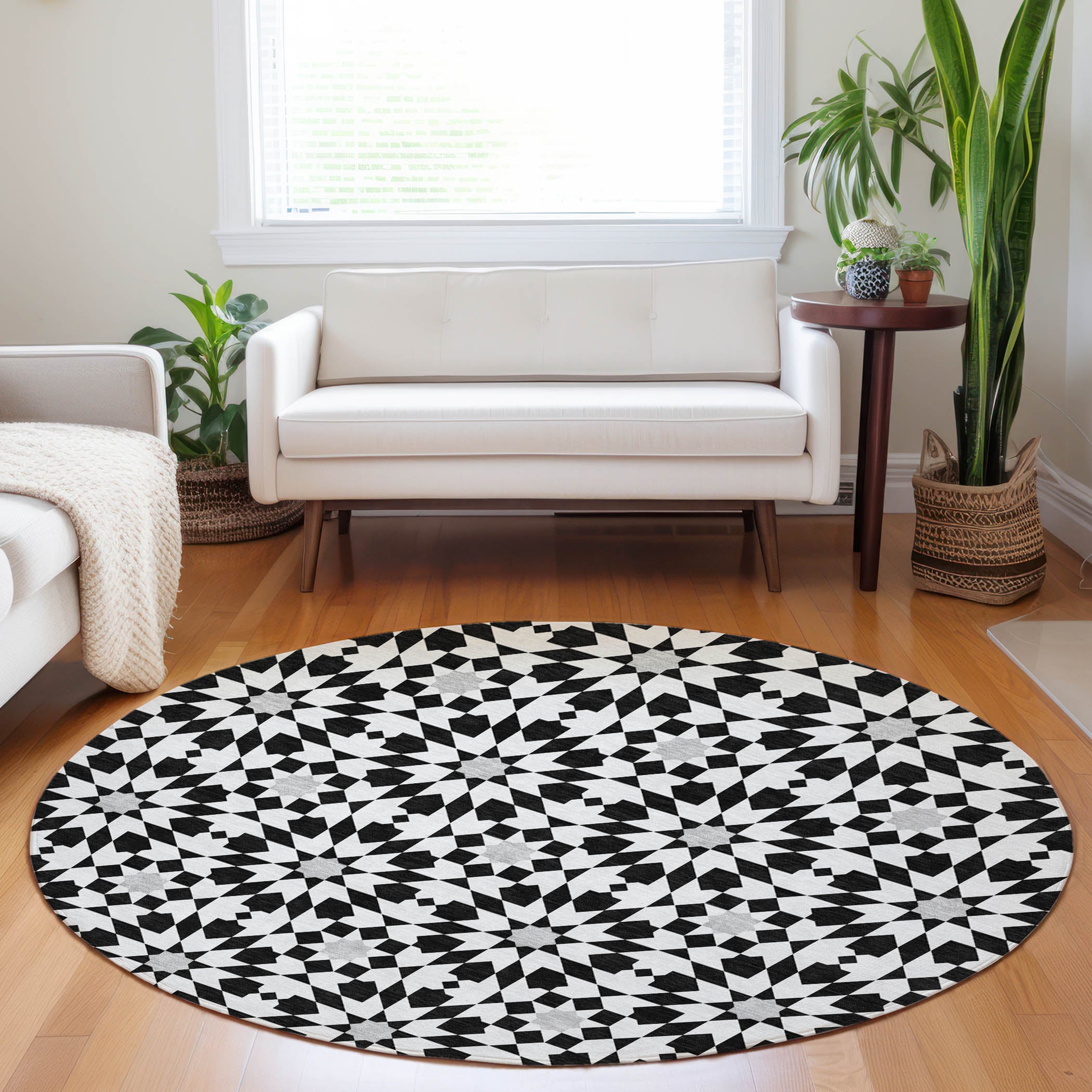 Queenstown Machine Washable Transitional Black Rug 8' x 8' #shape_Round