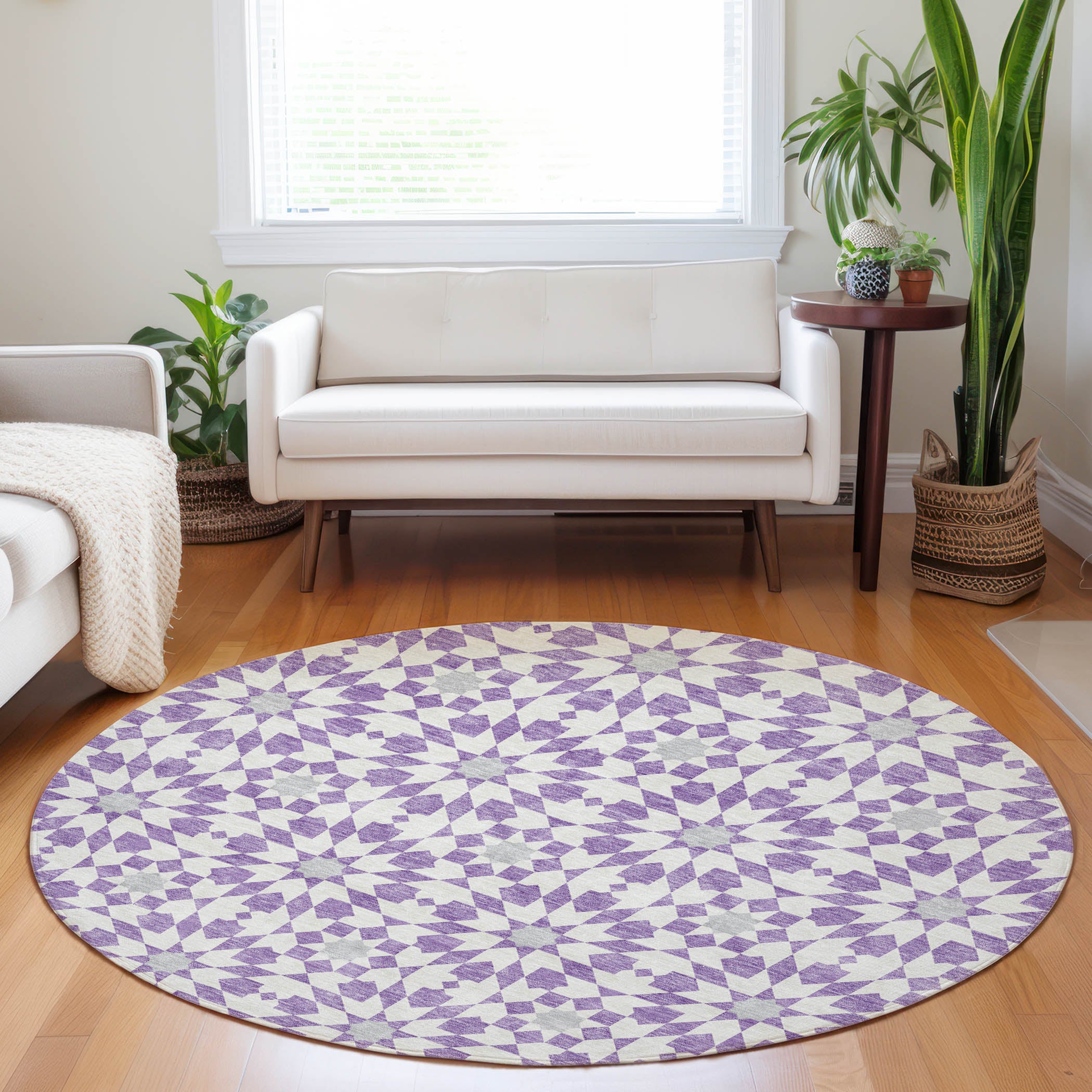 Queenstown Machine Washable Transitional Lavender Purple Rug 8' x 8' #shape_Round