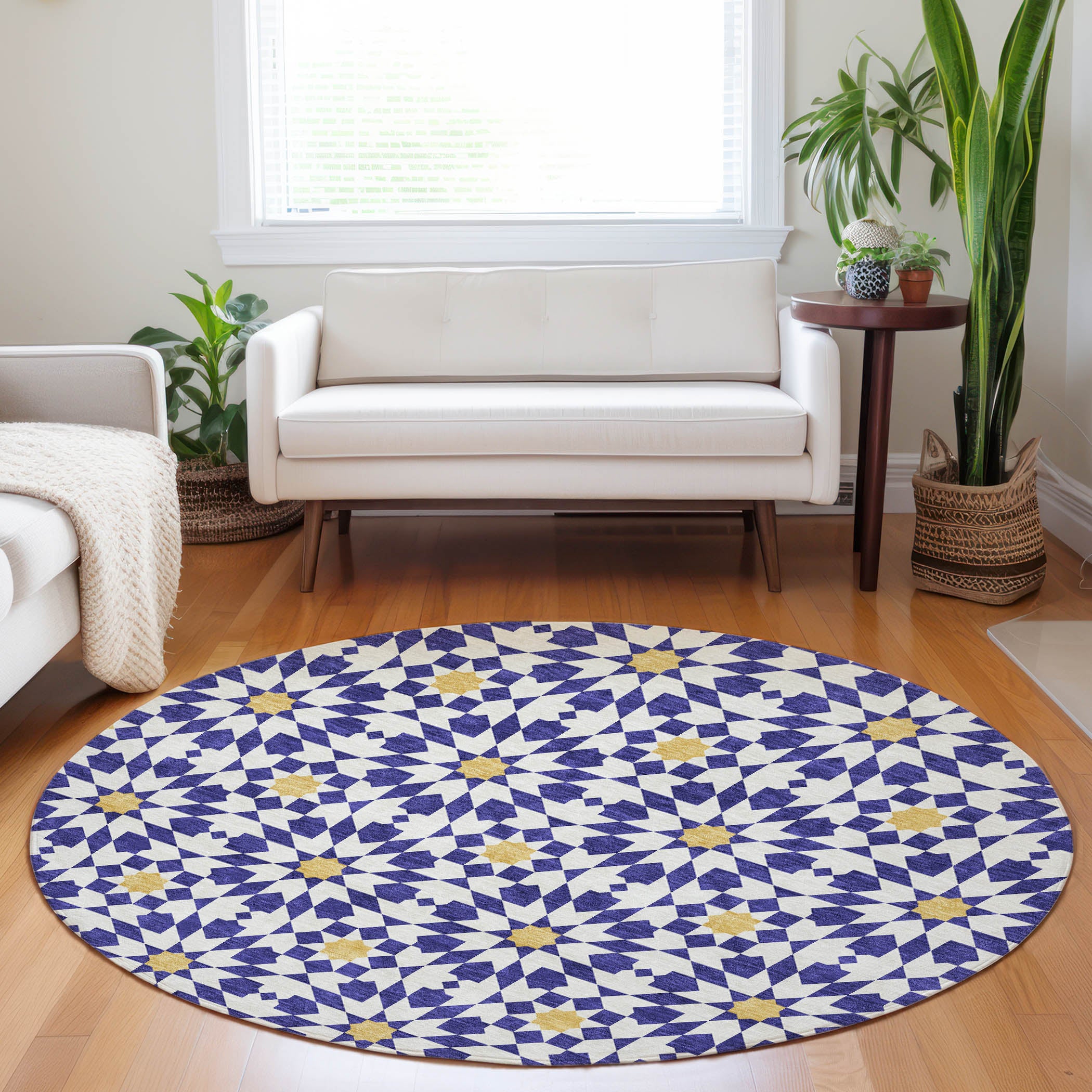 Queenstown Machine Washable Transitional Navy Blue Rug 8' x 8' #shape_Round