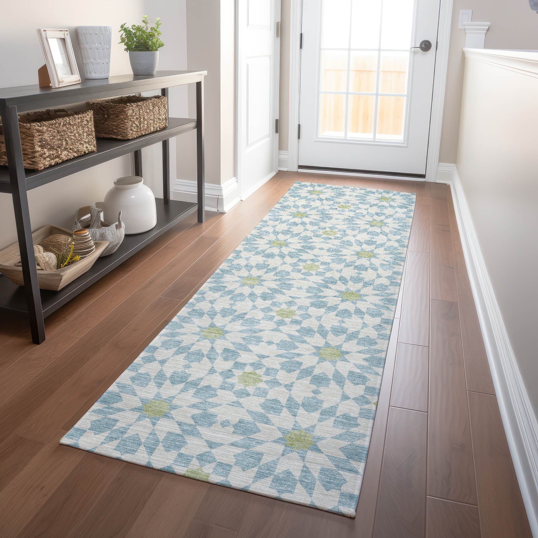 Queenstown Machine Washable Transitional Sky Blue Rug 2'3" x 7'6" #shape_Runner