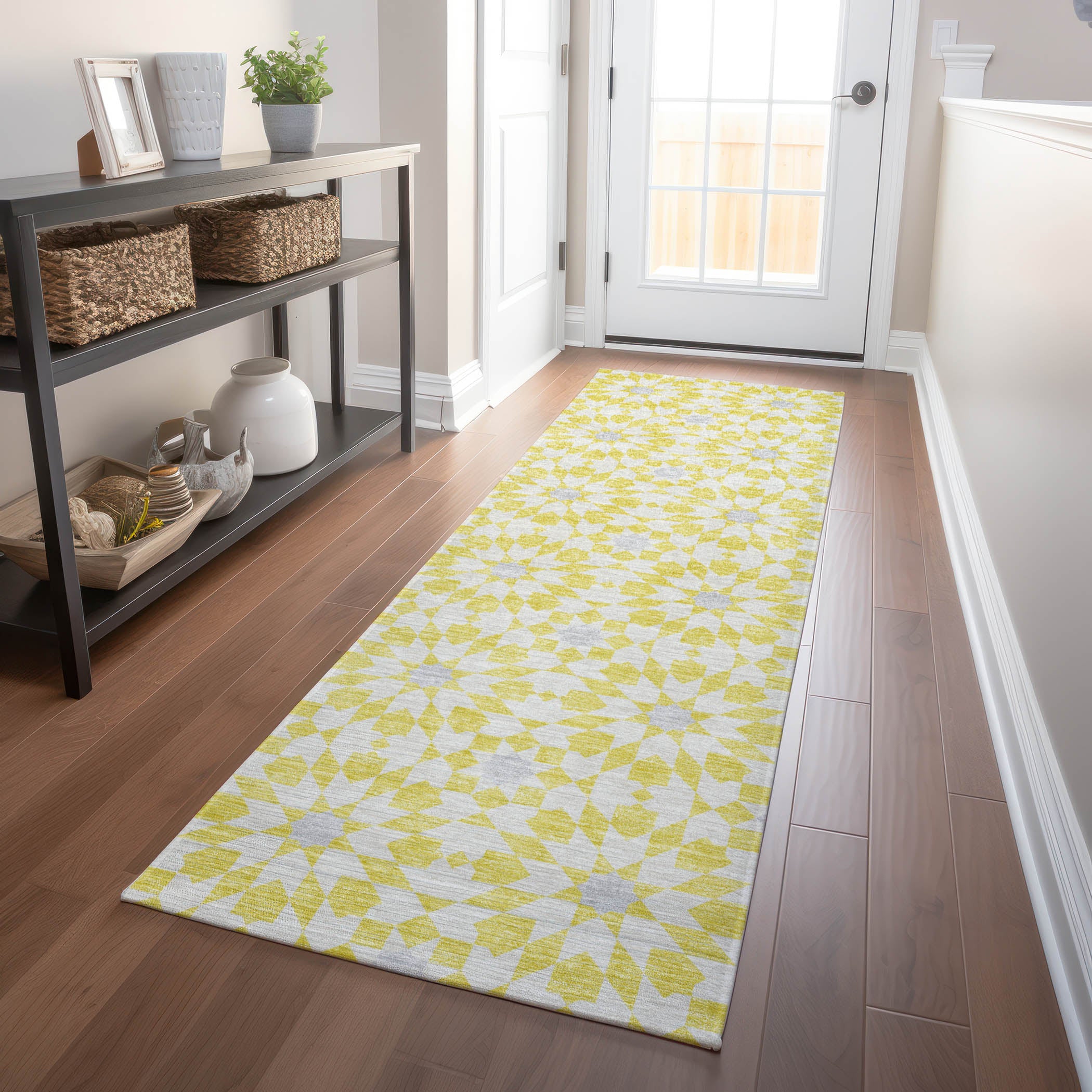 Queenstown Machine Washable Transitional Yellow Gold Rug 2'3" x 7'6" #shape_Runner