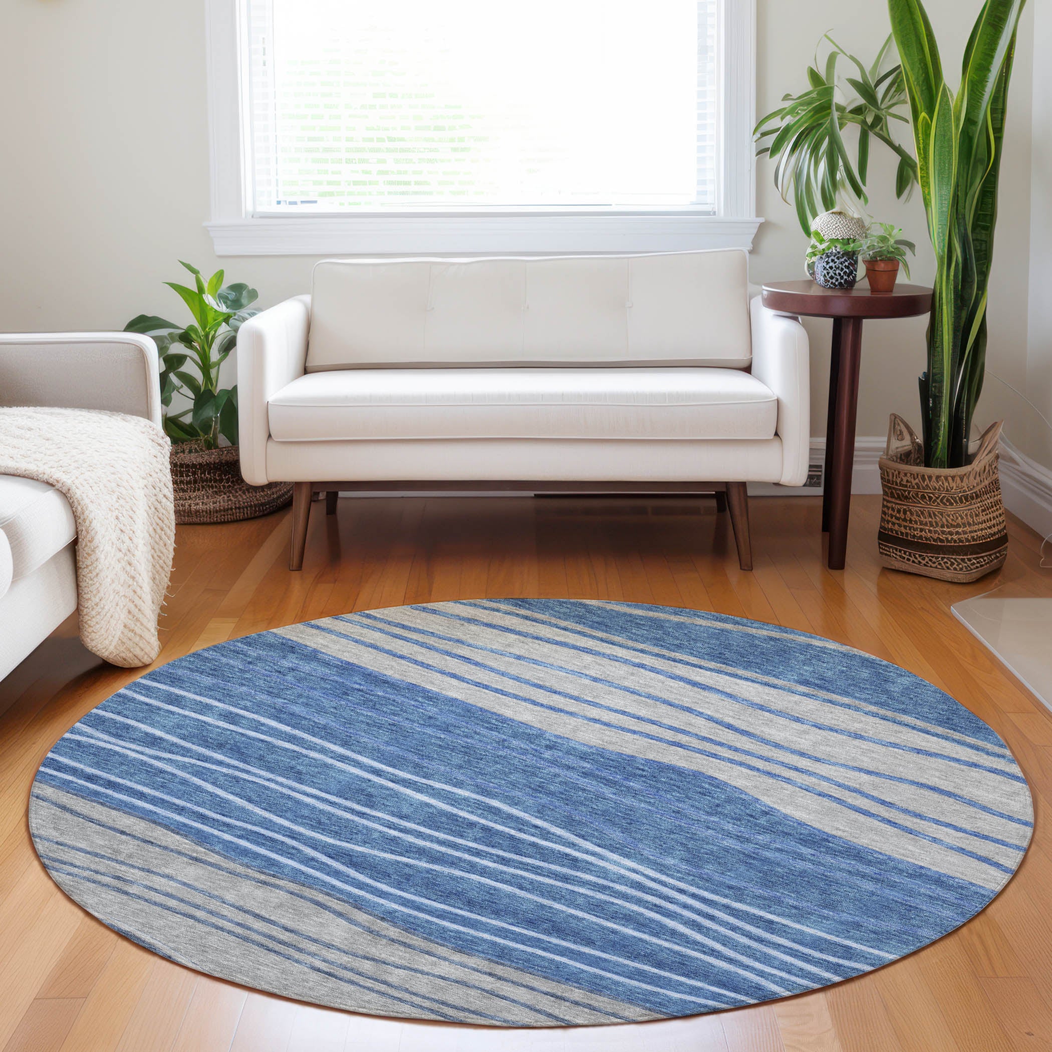 Seoul Machine Washable Transitional Blue Rug 8' x 8' #shape_Round