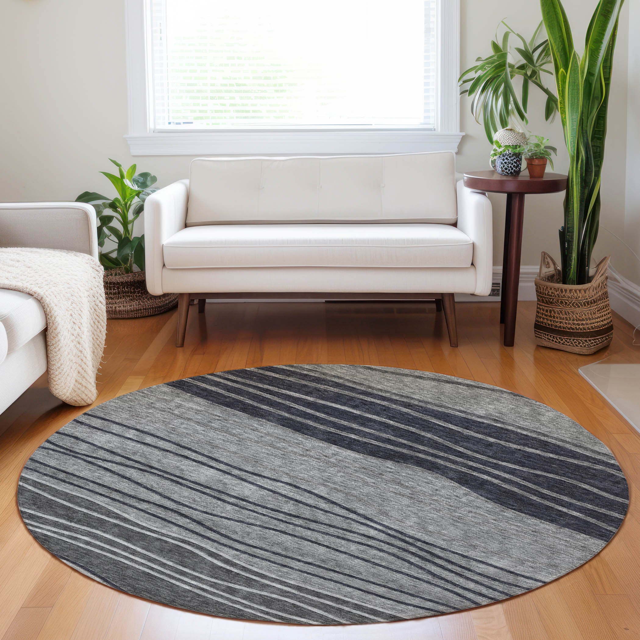 Seoul Machine Washable Transitional Gray Rug 8' x 8' #shape_Round
