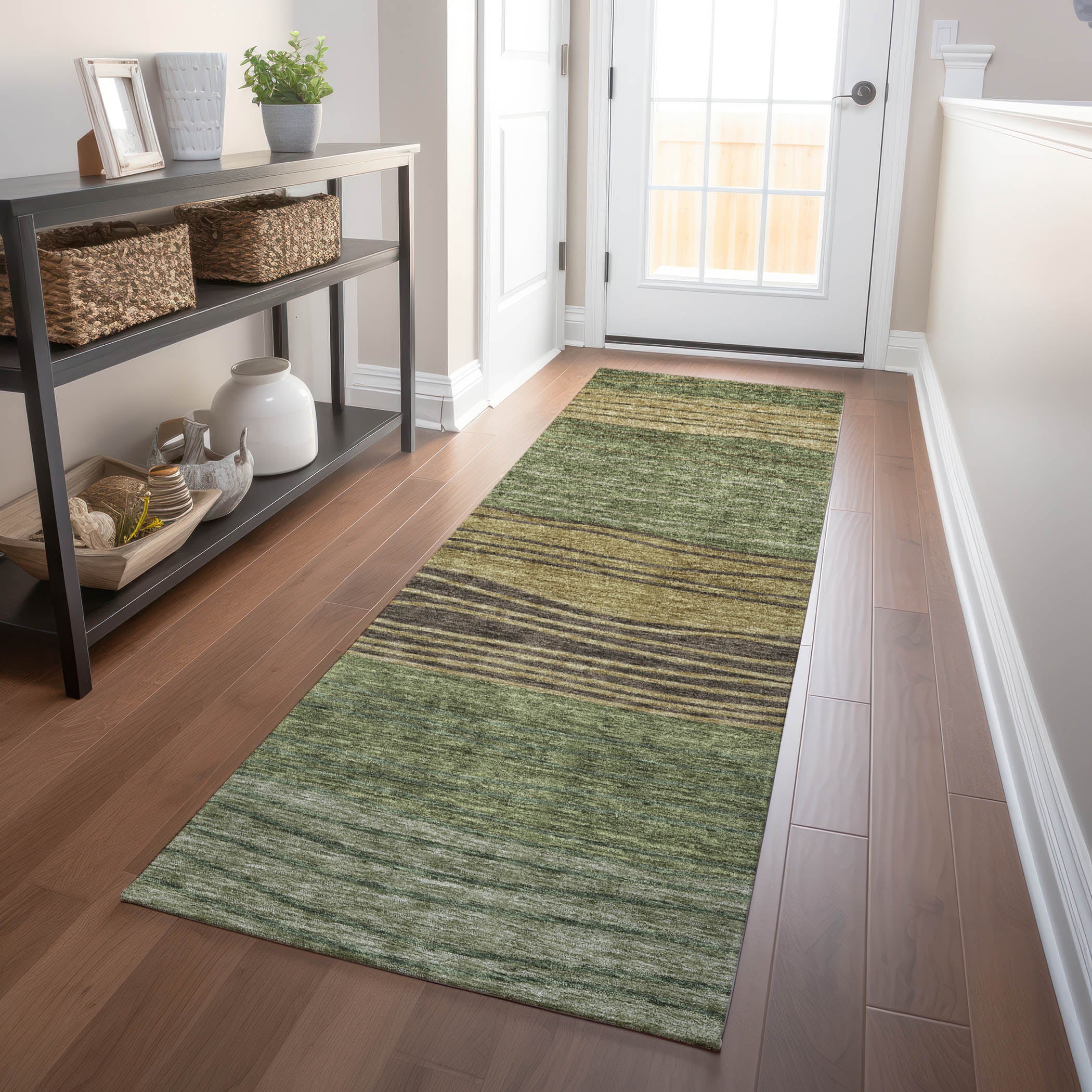 Seoul Machine Washable Transitional Olive Green Rug 2'3" x 7'6" #shape_Runner