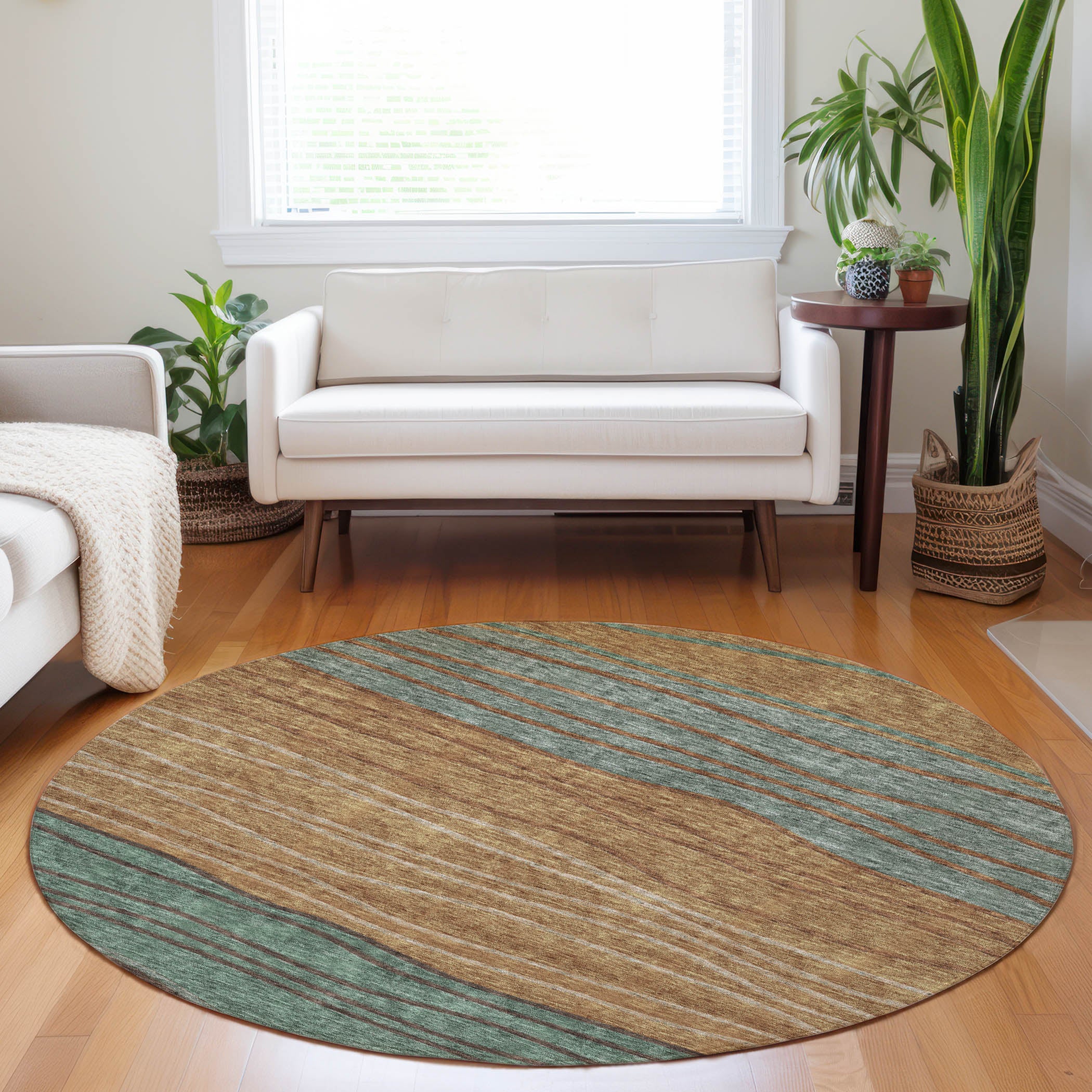 Seoul Machine Washable Transitional Terracotta Orange Rug 8' x 8' #shape_Round