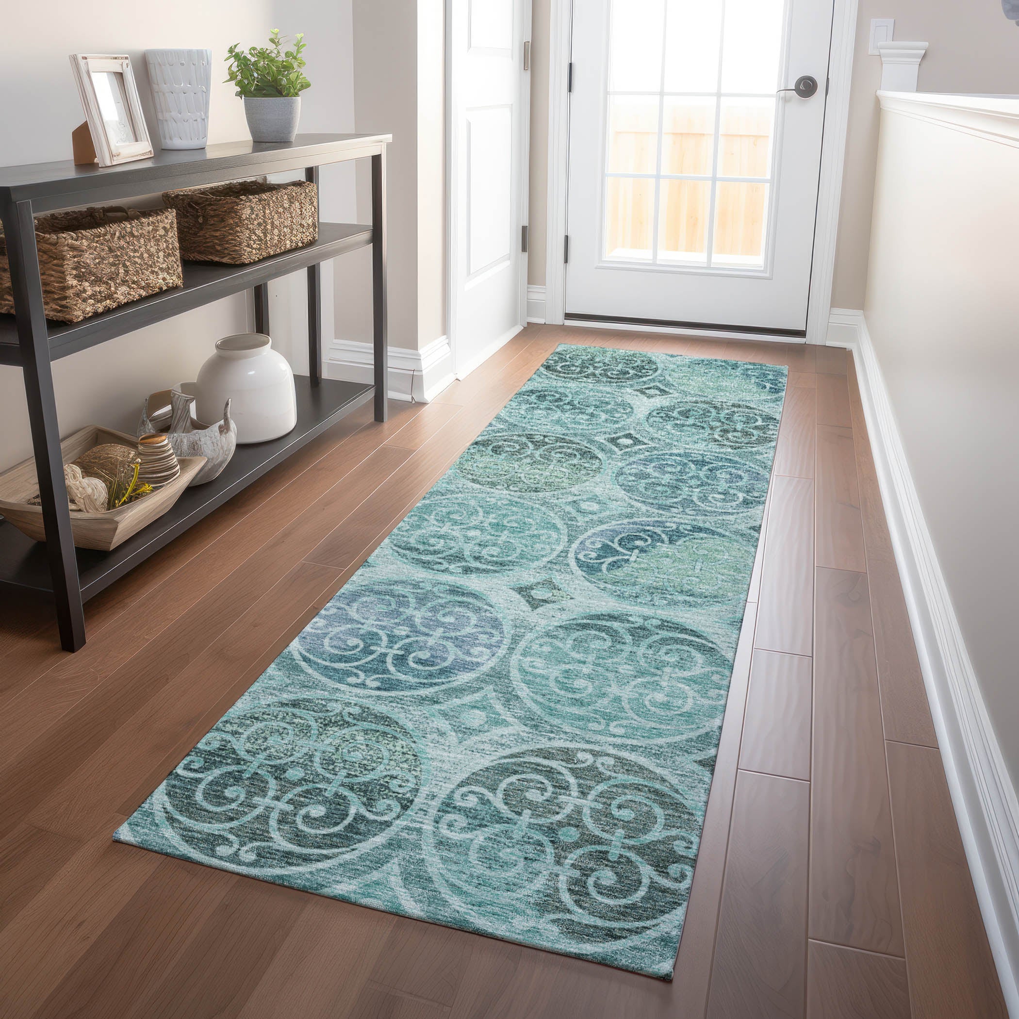 Marrakech Machine Washable Transitional Teal Rug 2'3" x 7'6" #shape_Runner