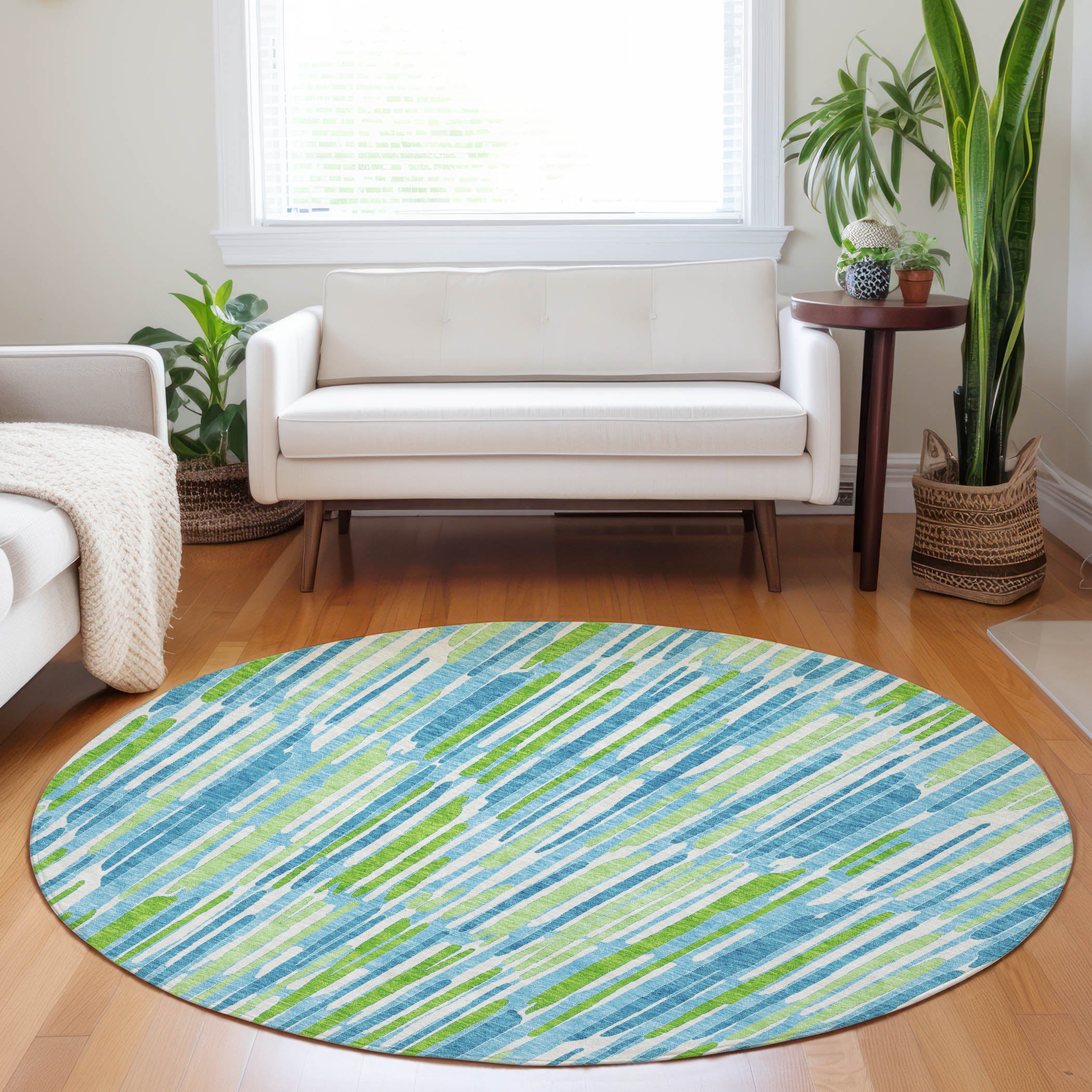 Cartagena Machine Washable Transitional Aqua Teal Rug 8' x 8' #shape_Round