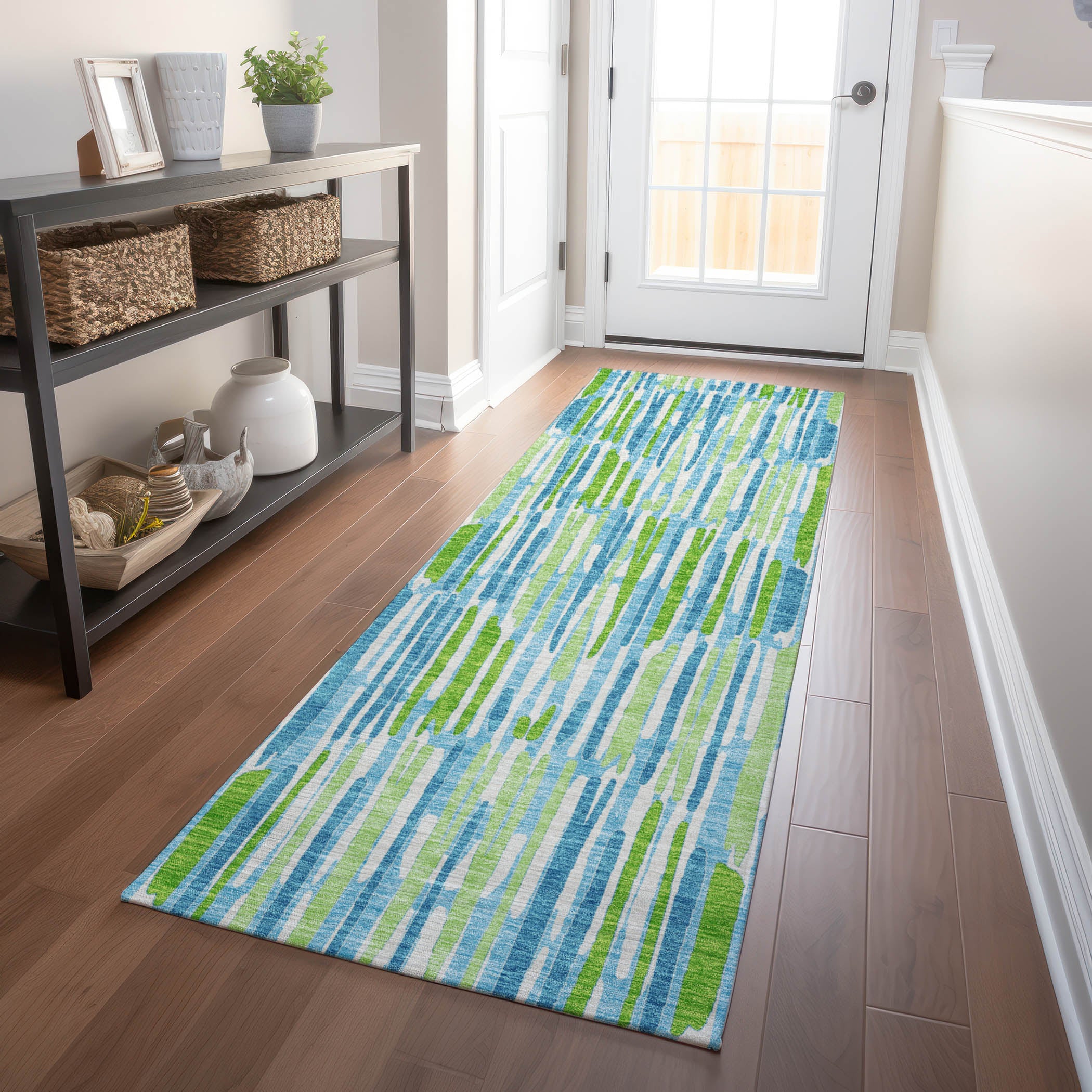Cartagena Machine Washable Transitional Aqua Teal Rug 2'3" x 7'6" #shape_Runner