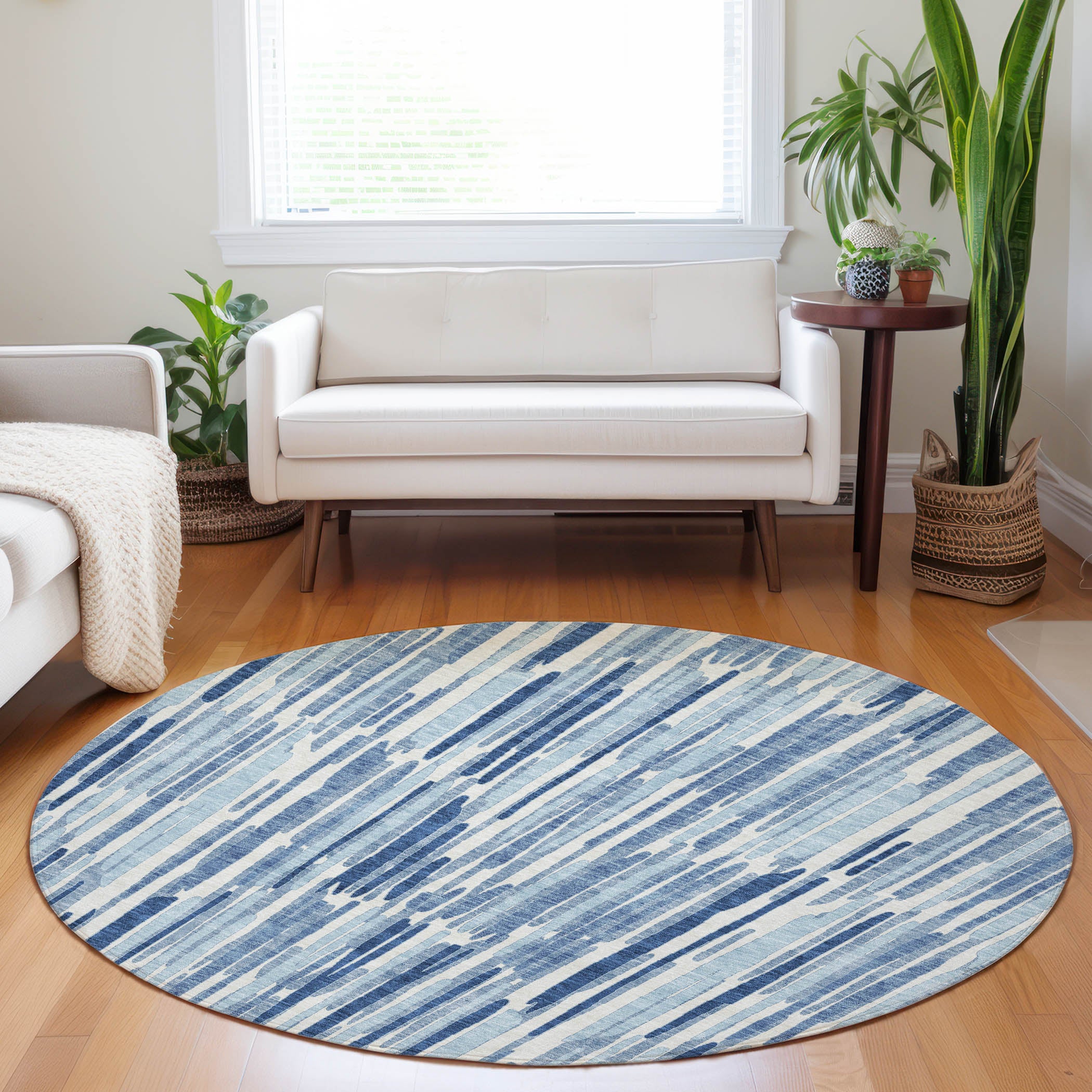 Cartagena Machine Washable Transitional Blue Rug 8' x 8' #shape_Round