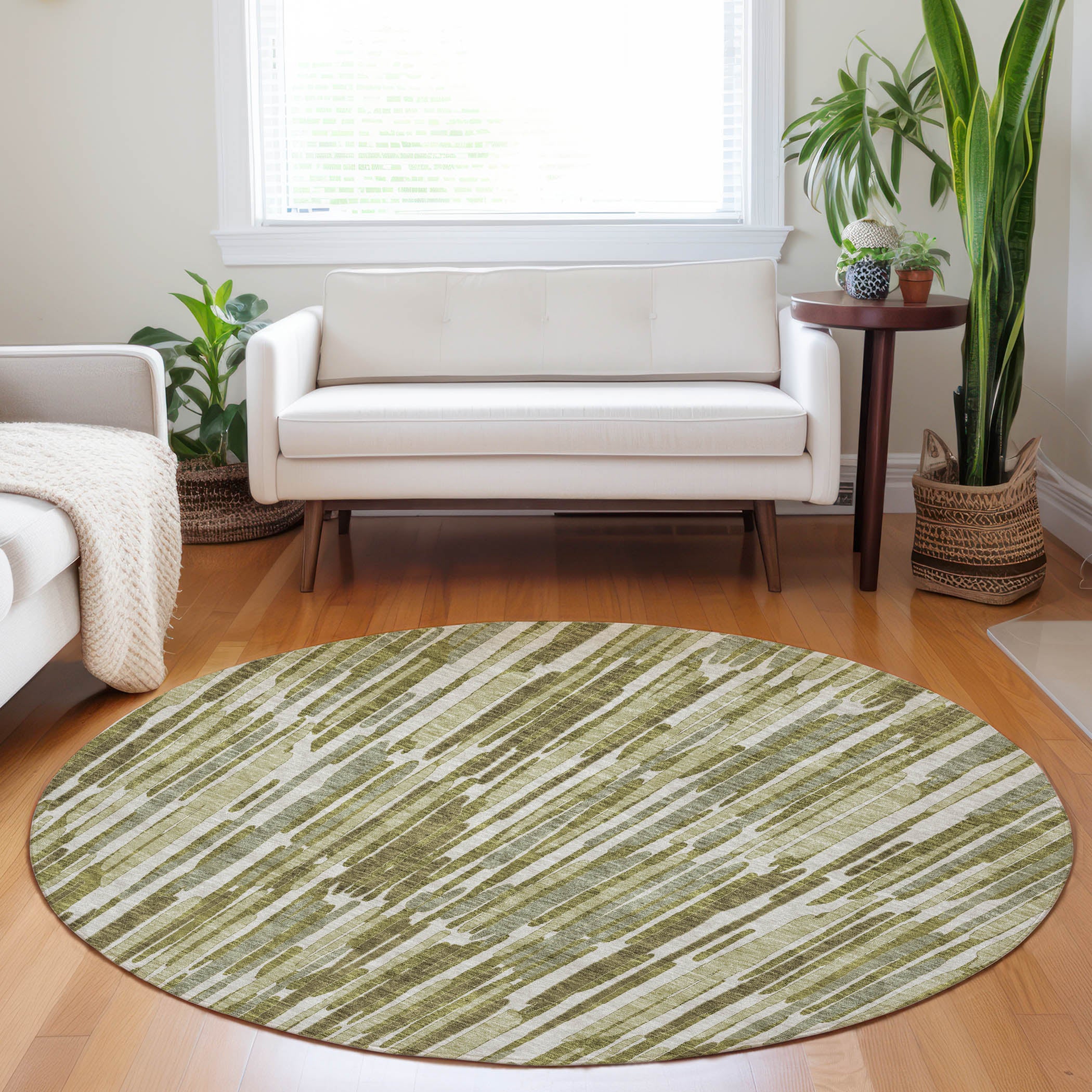 Cartagena Machine Washable Transitional Olive Green Rug 8' x 8' #shape_Round