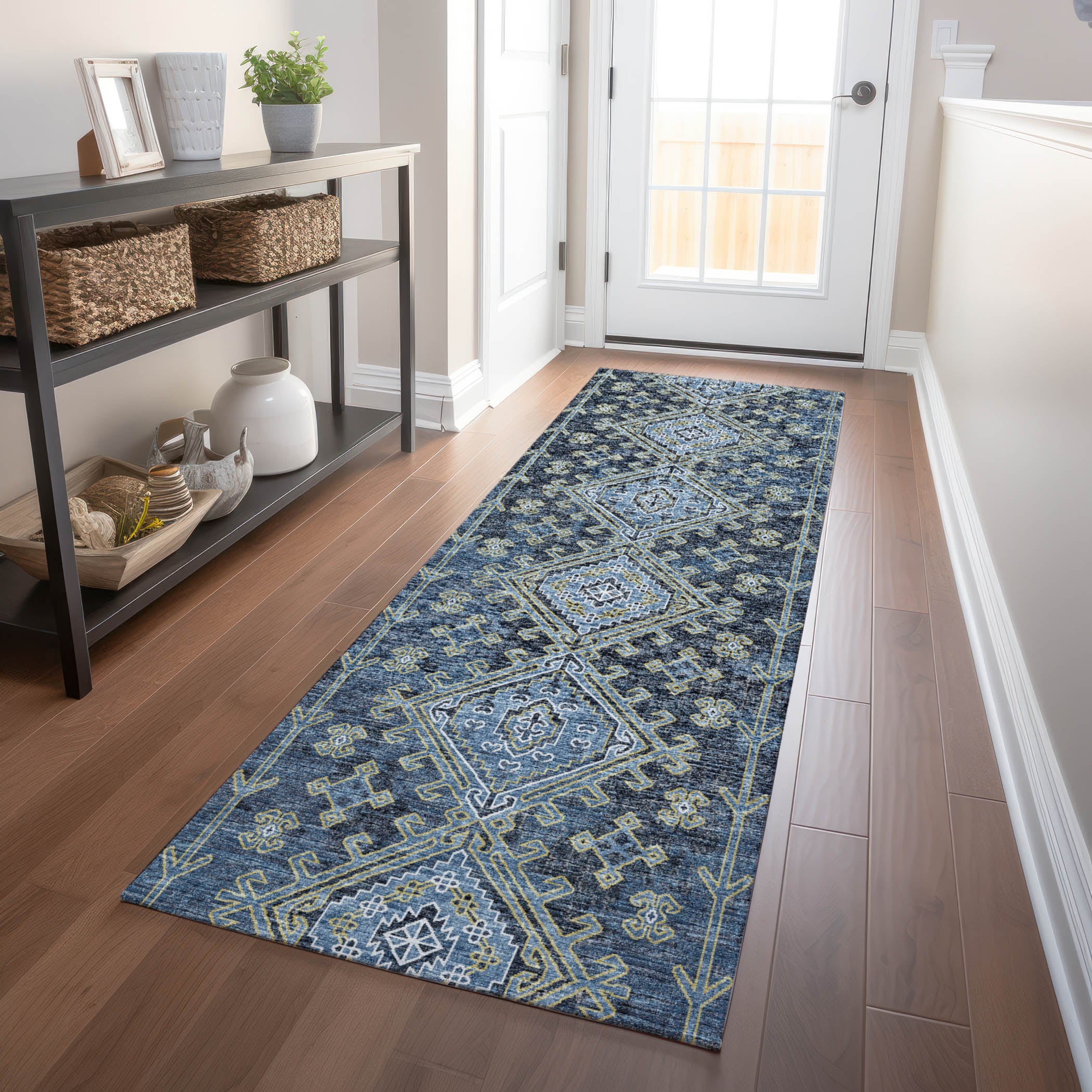 Zanzibar Machine Washable Transitional Blue Rug 2'3" x 7'6" #shape_Runner