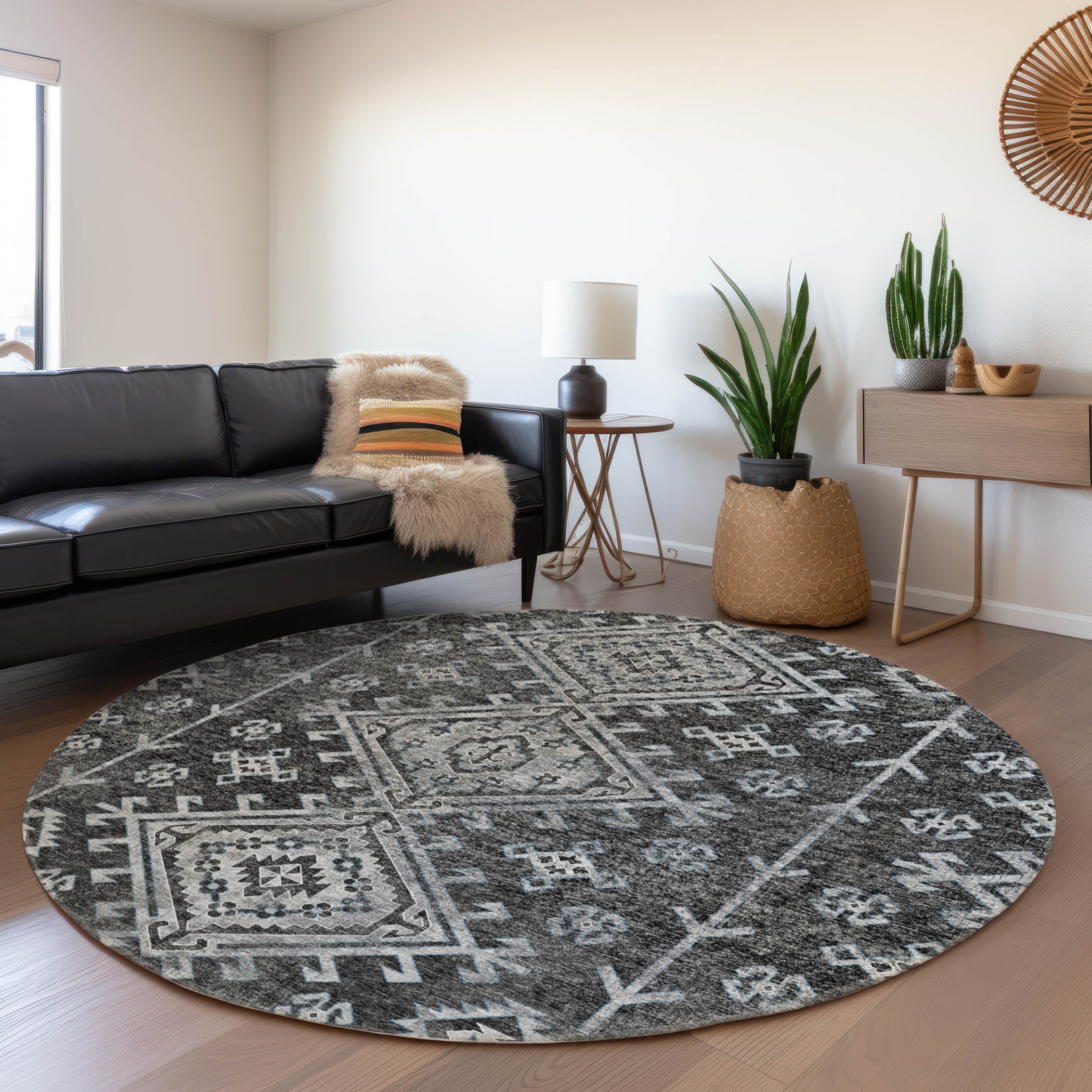Zanzibar Machine Washable Transitional Shadow Gray Rug 8' x 8' #shape_Round