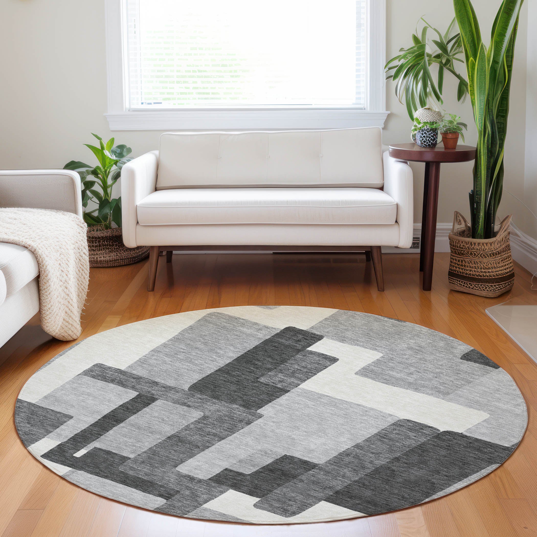 Marrakech Machine Washable Transitional Gray Rug 8' x 8' #shape_Round