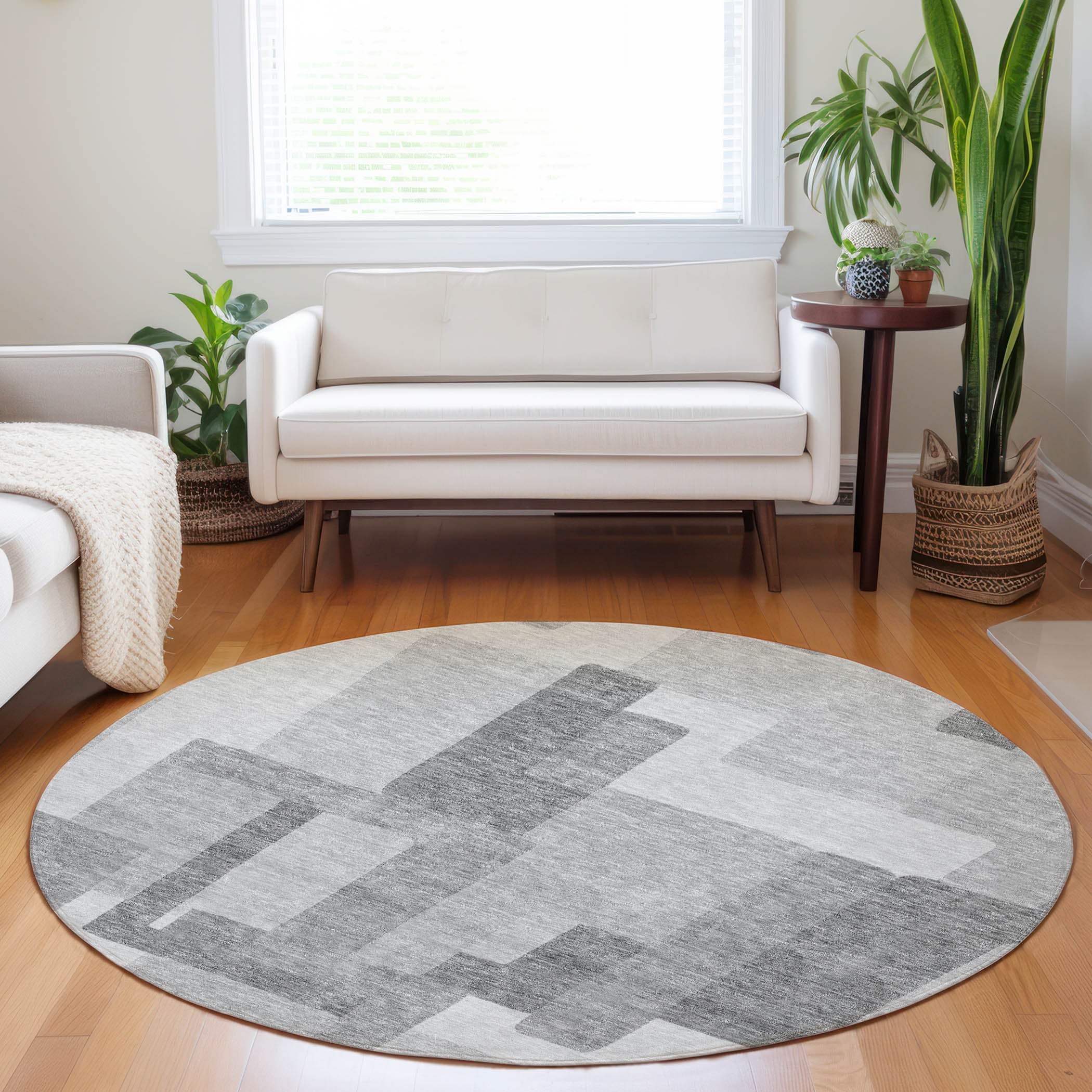 Marrakech Machine Washable Transitional Silver Gray Rug 8' x 8' #shape_Round