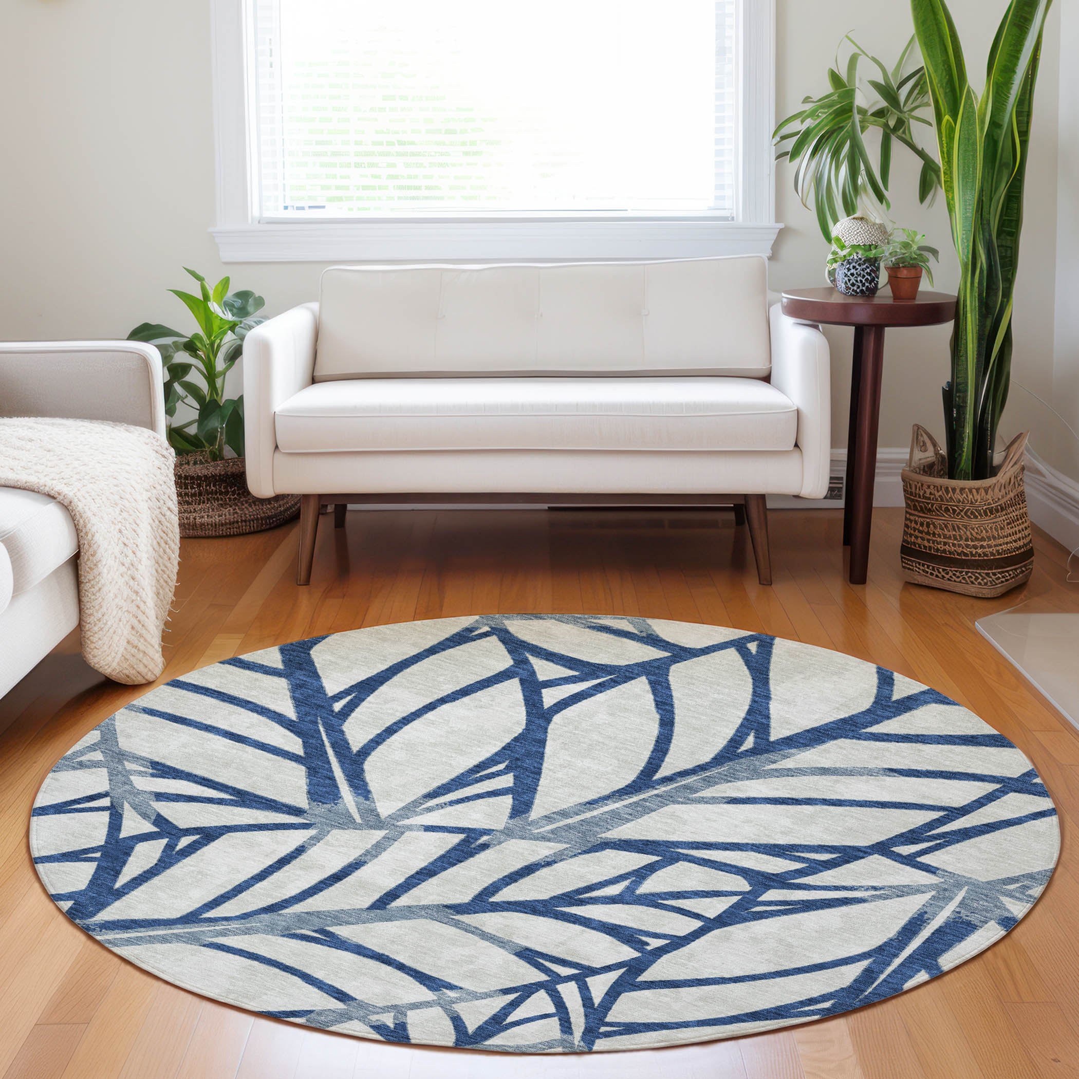 Ghent Machine Washable Transitional Navy Blue Rug 8' x 8' #shape_Round