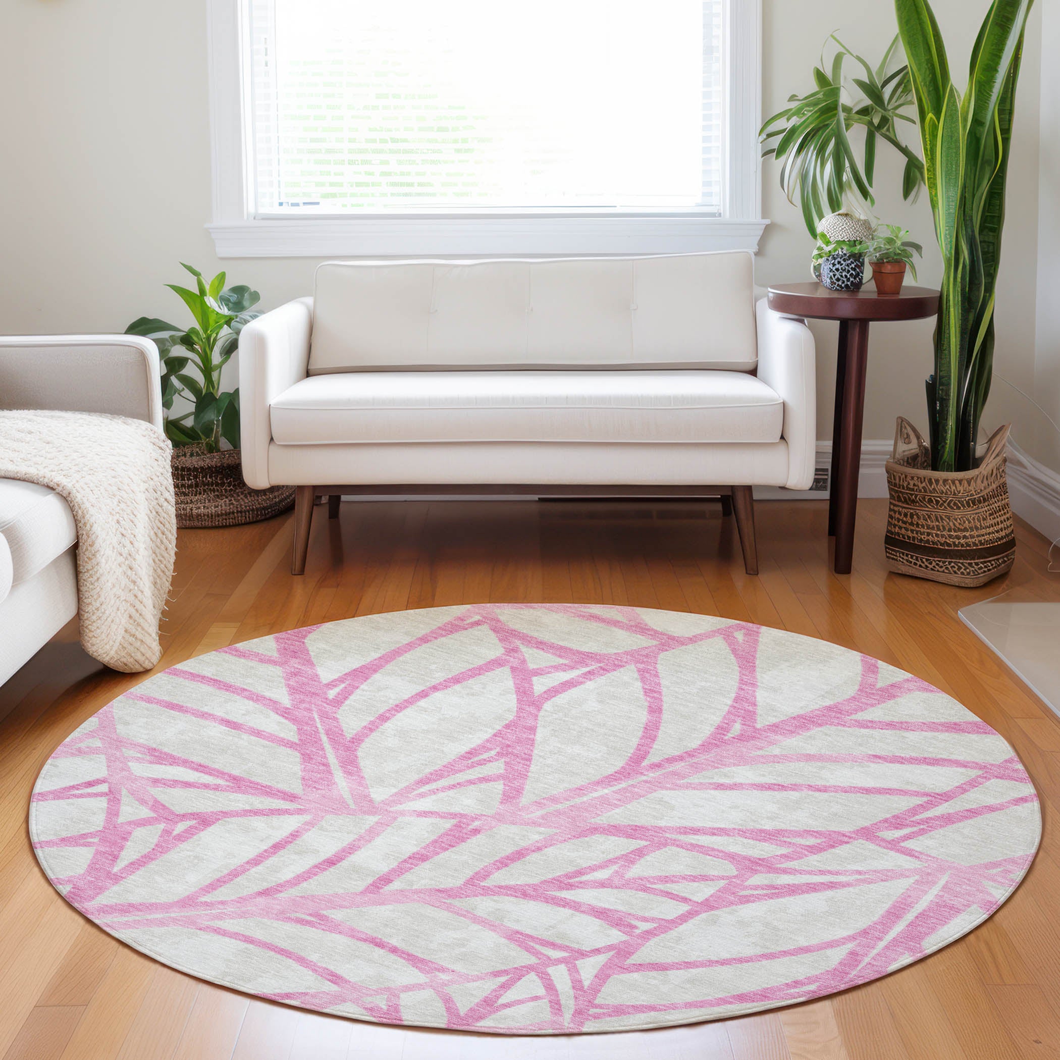 Ghent Machine Washable Transitional Pink Rug 8' x 8' #shape_Round